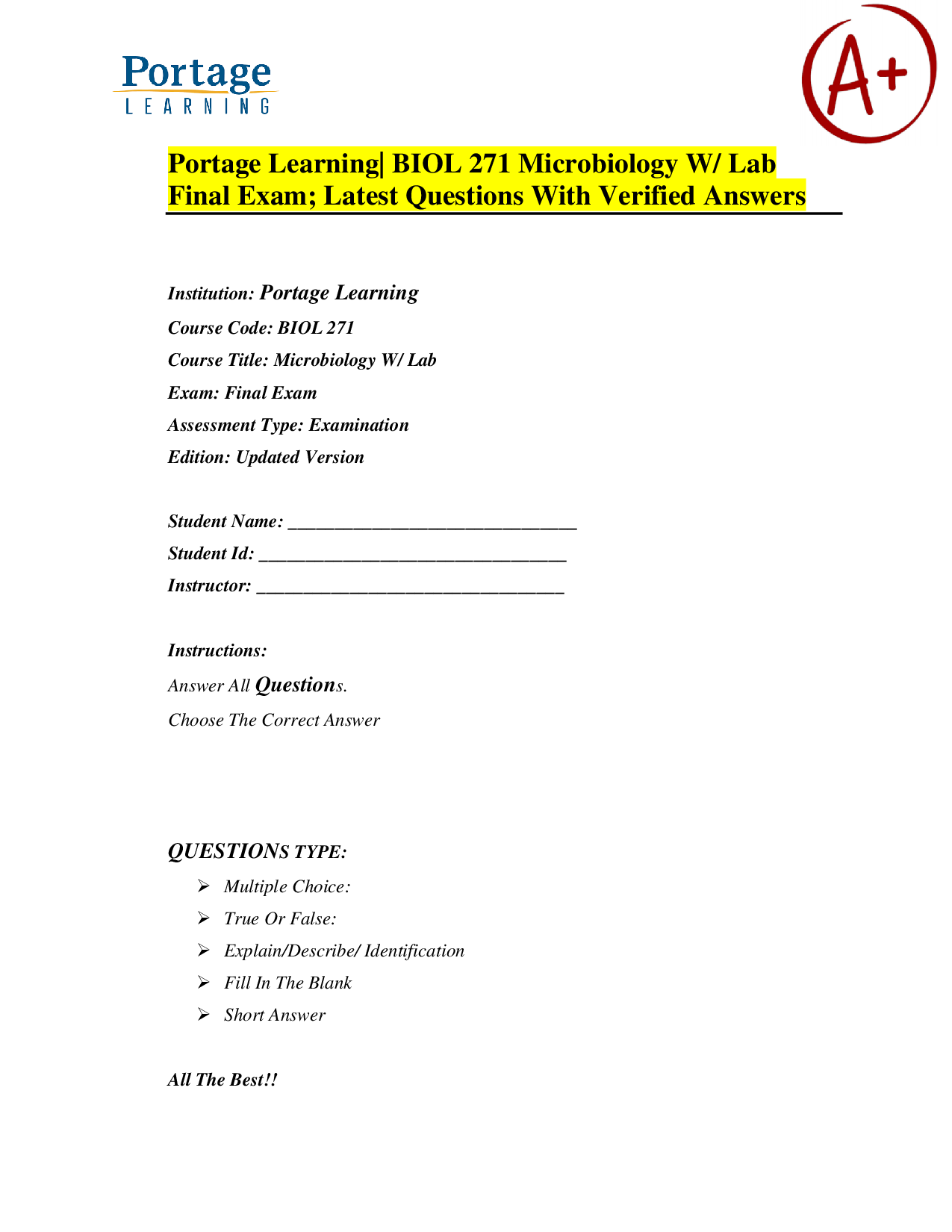 Portage Learning BIOL 271 Microbiology with Lab Final Exam