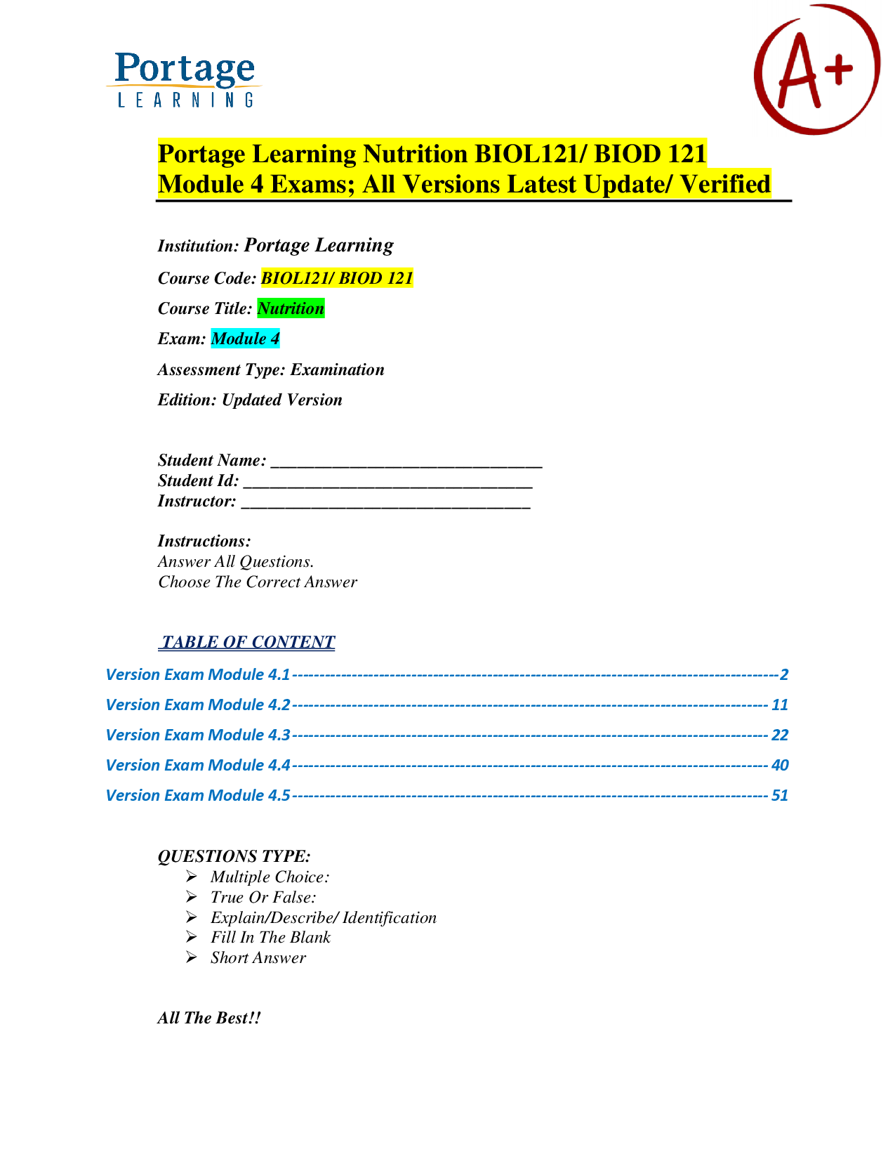 Portage Learning Nutrition BIOL121 Module 4 Exam Bank