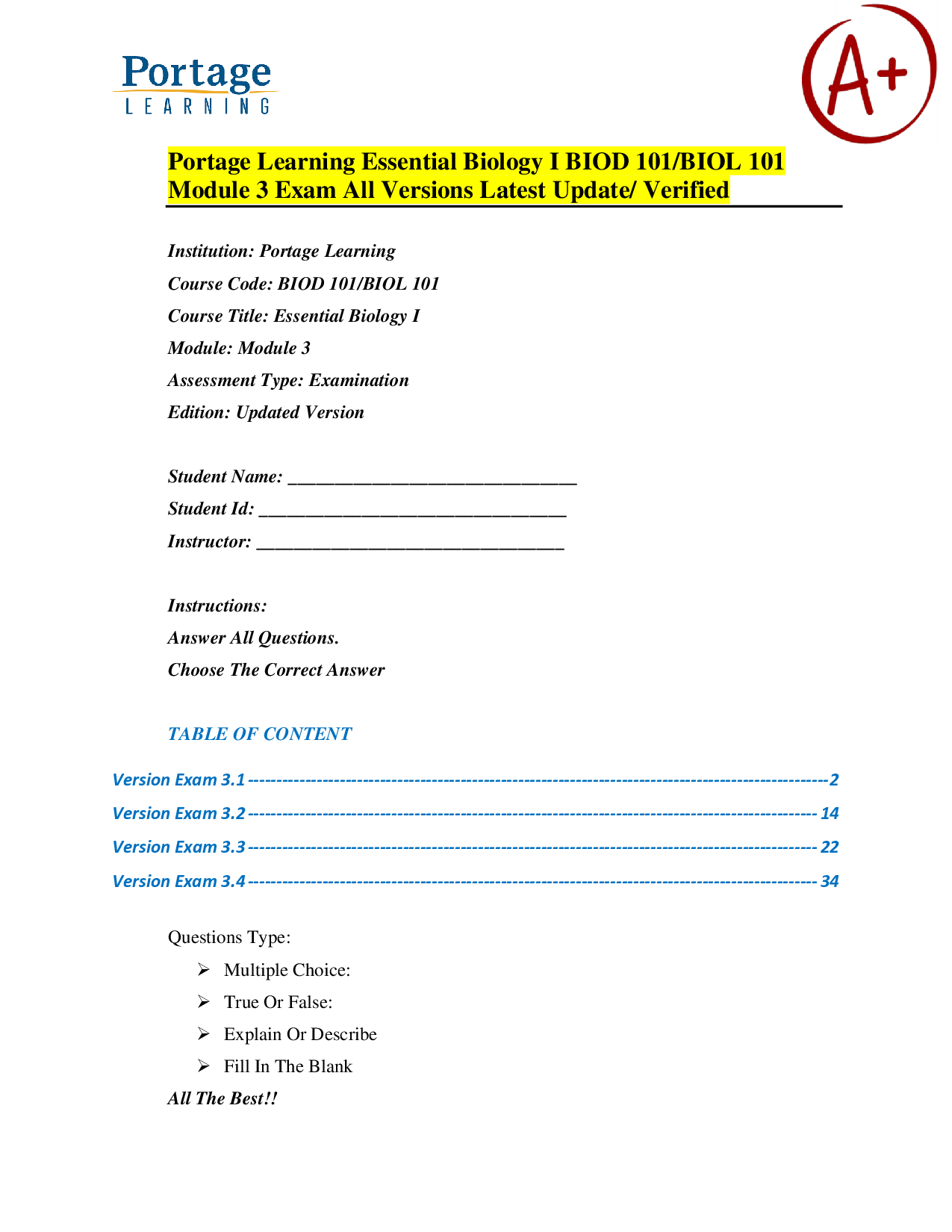 Portage Learning Essential Biology I (BIOD 101) Module 3 Exam