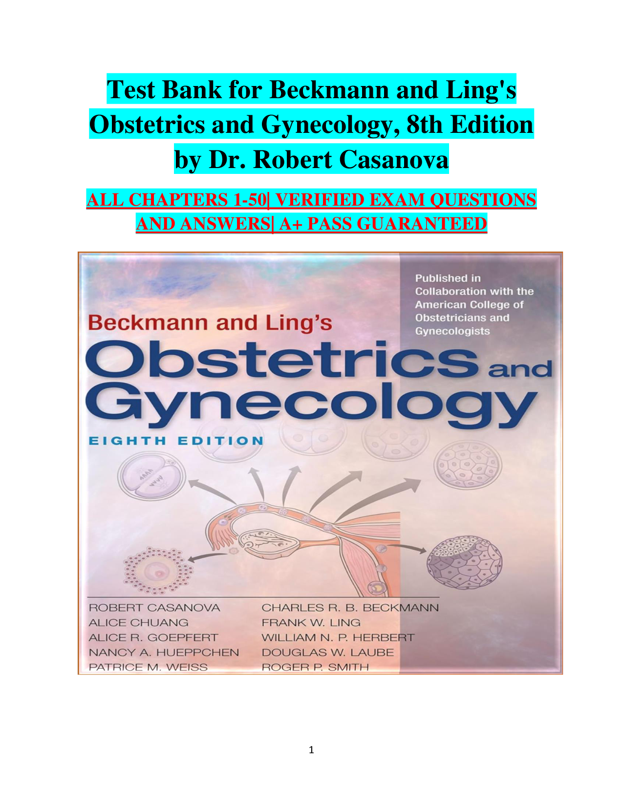 Beckmann and Ling's Obstetrics and Gynecology, 8th Edition Test Bank