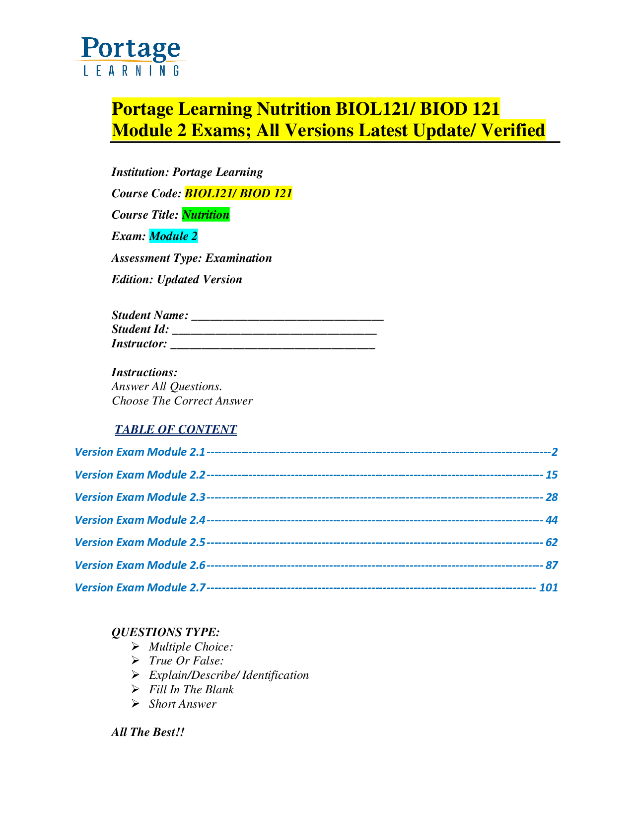 Portage Learning BIOL121 Nutrition Module 2 Exam Bank