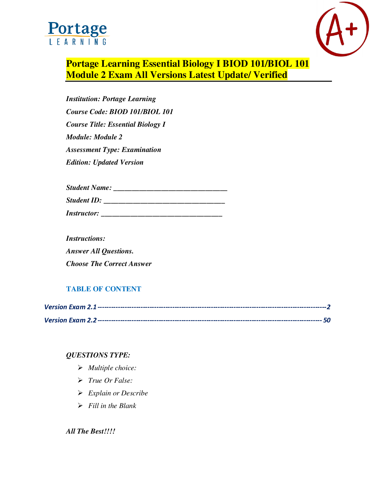 Portage Learning Essential Biology I (BIOD 101) Module 2 Exam