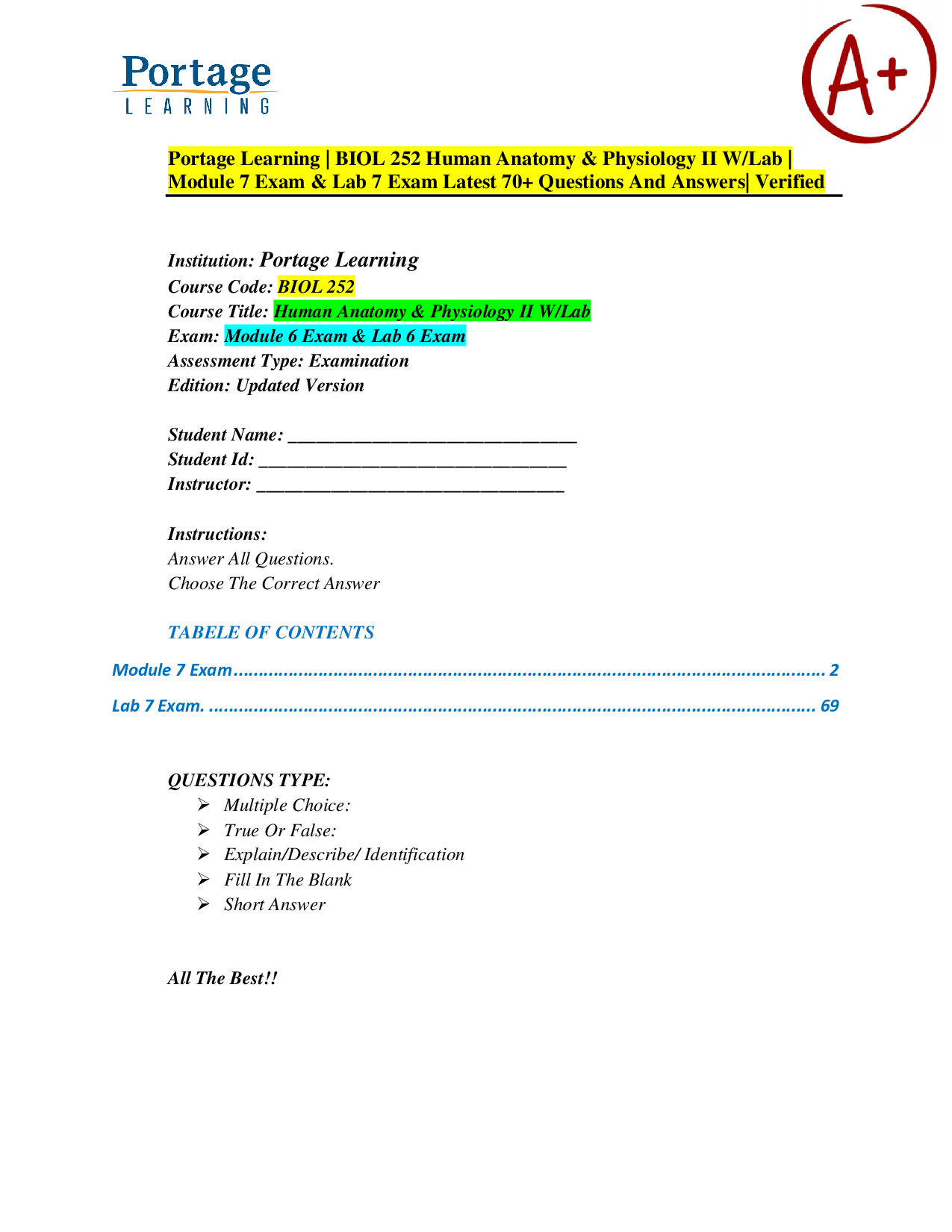 Portage Learning BIOL 252 Human Anatomy & Physiology II Module 7 Exam & Lab 7 Exam