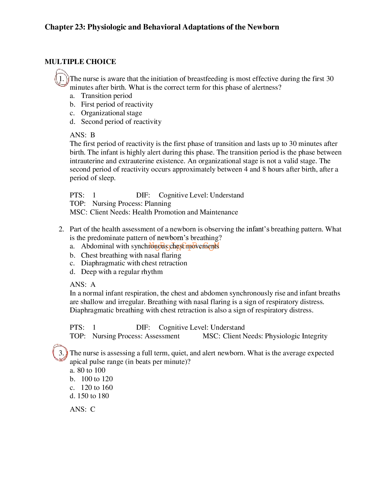 Physiologic and Behavioral Adaptations of the Newborn Test Bank