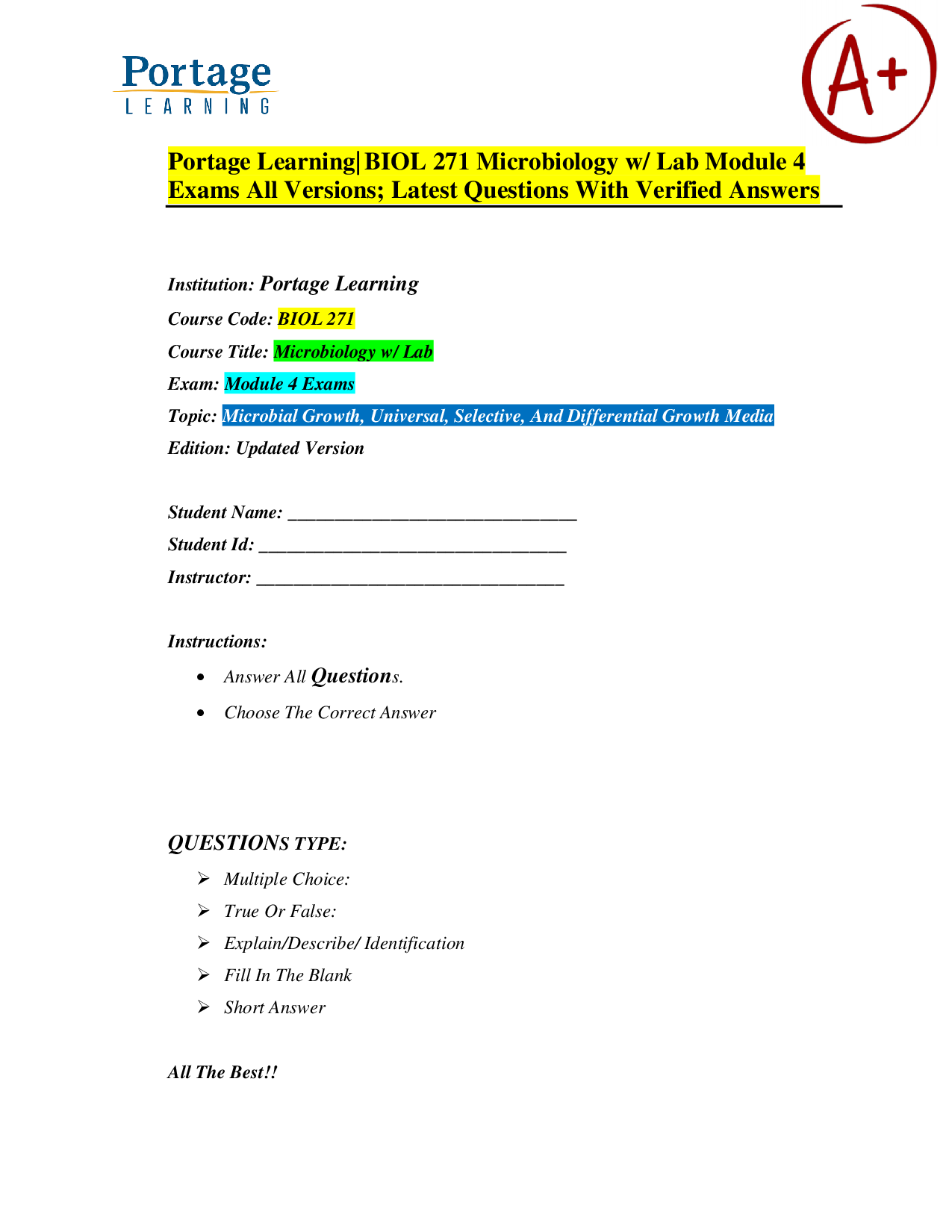 Portage Learning BIOL 271 Microbiology Module 4 Exam Questions and Answers