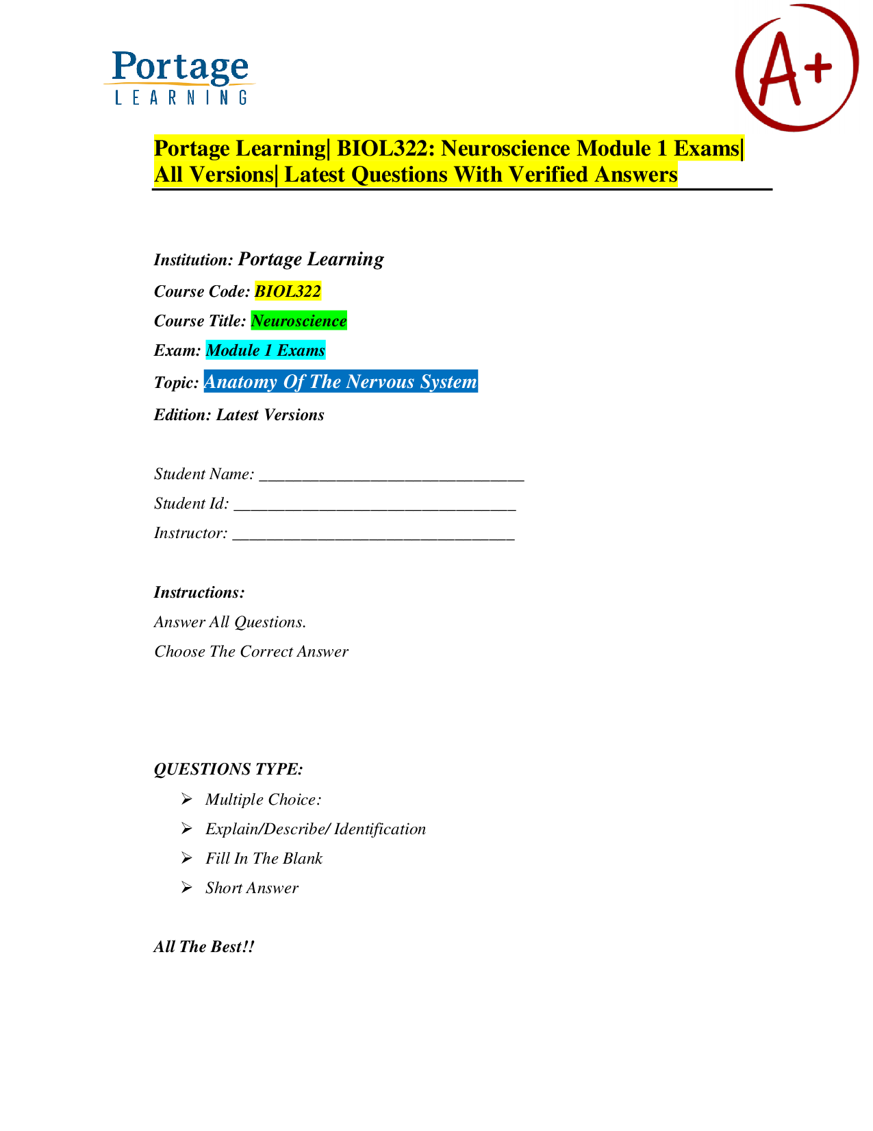 Portage Learning BIOL322 Neuroscience Module 1 Exam Questions