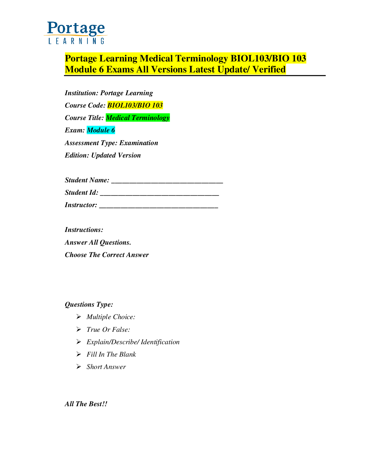 Portage Learning Medical Terminology BIOL103 Module 6 Exam