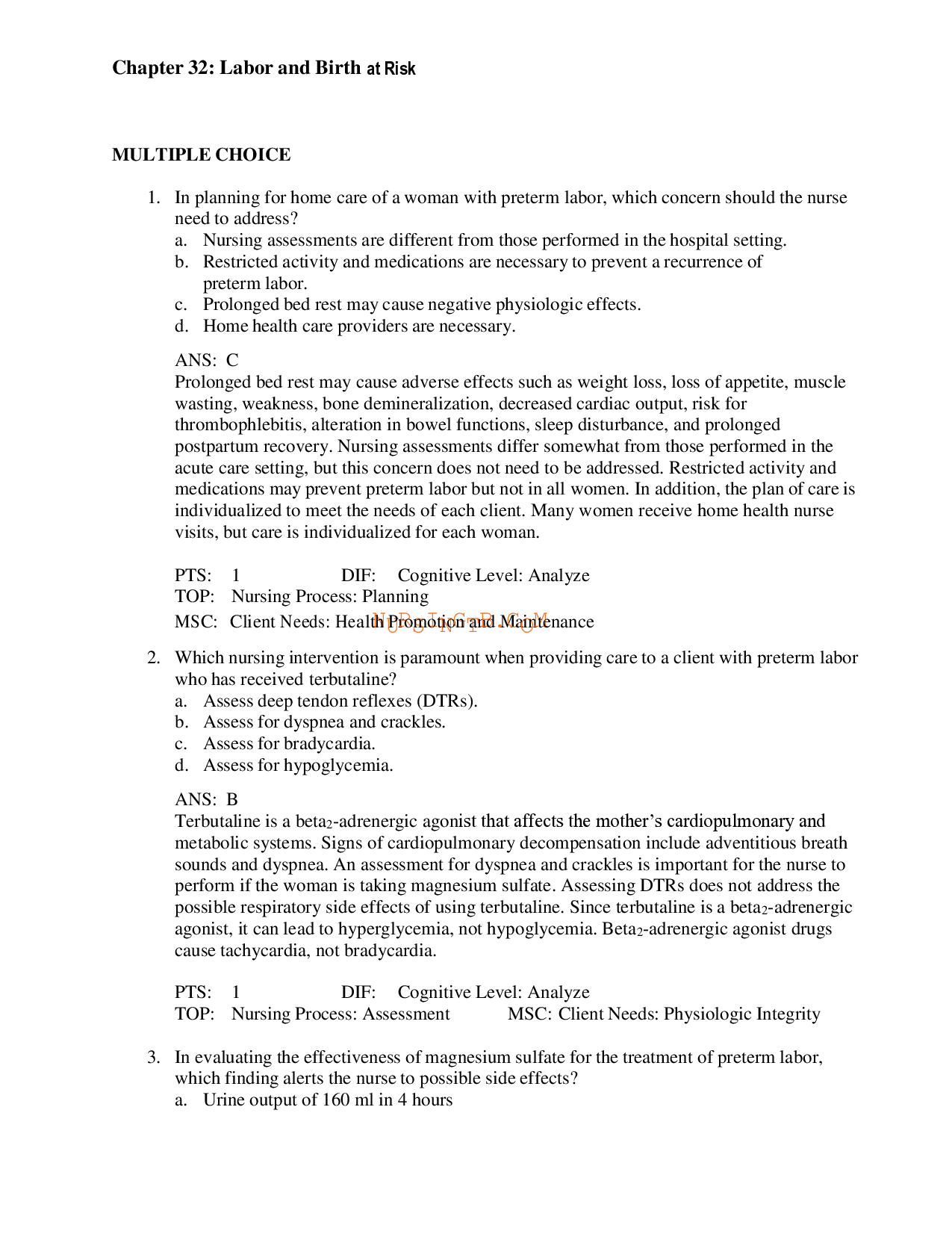 Labor and Birth at Risk Test Bank, Chapter 32