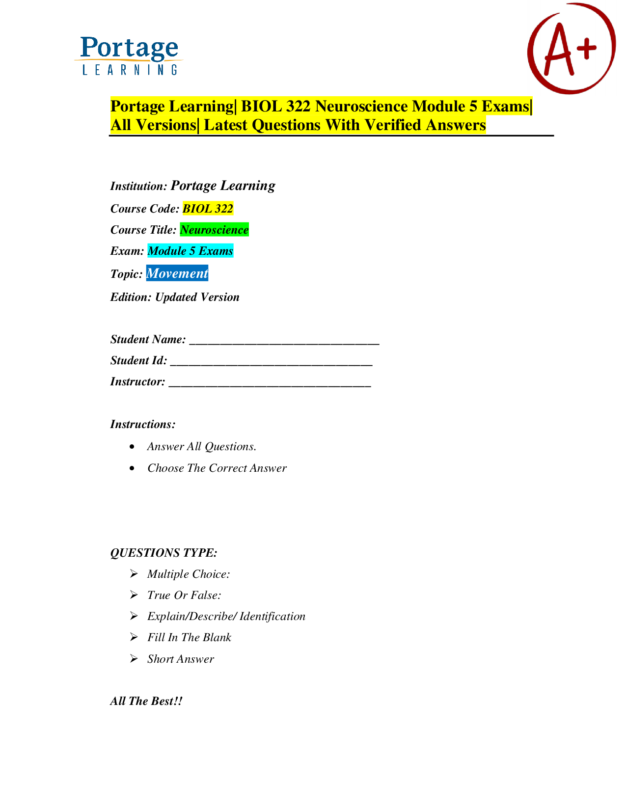 Portage Learning BIOL 322 Neuroscience Module 5: Movement Exam