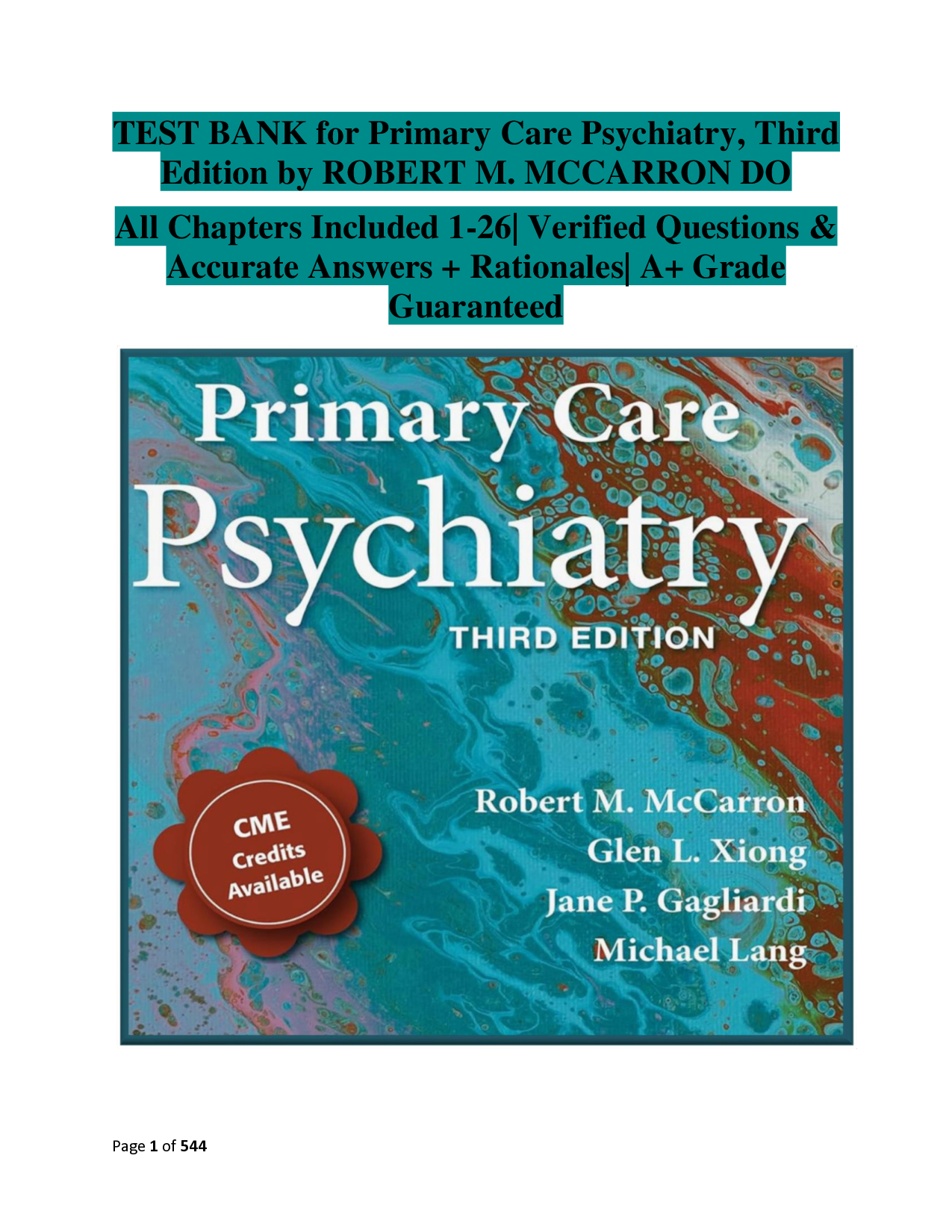 Primary Care Psychiatry, 3rd Edition Test Bank by McCarron
