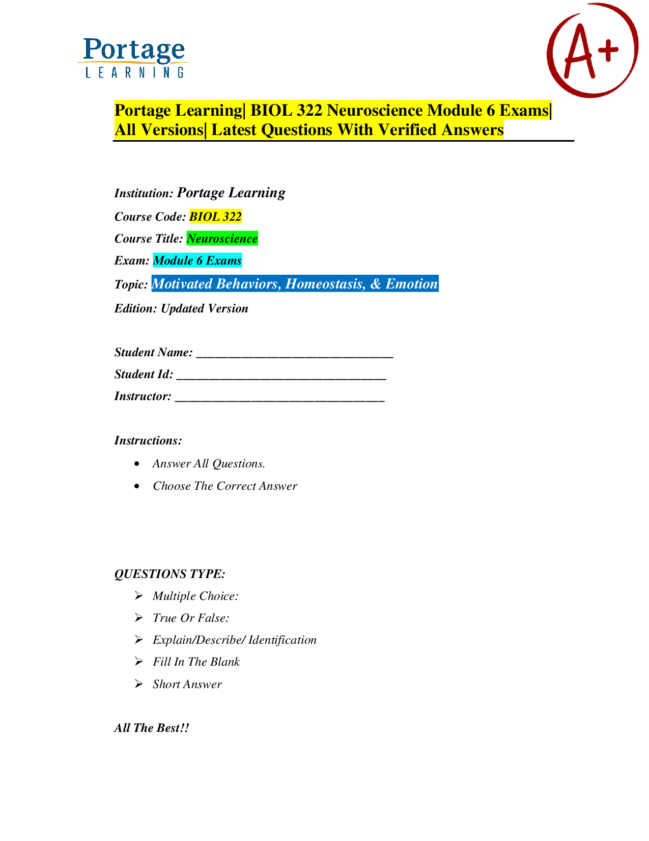 Portage Learning BIOL 322 Neuroscience Module 6 Exam