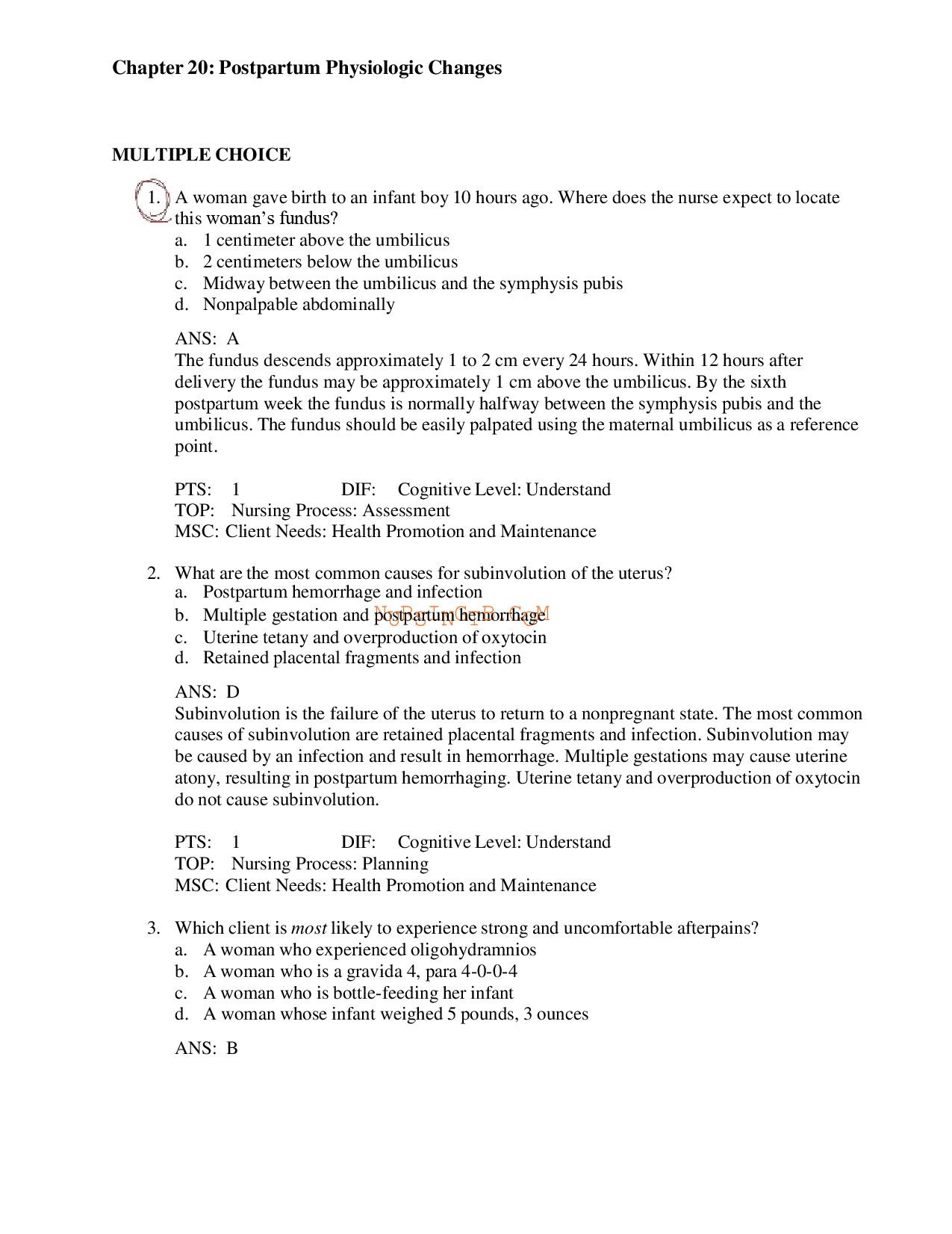 Postpartum Physiologic Changes Chapter 20 Test Bank