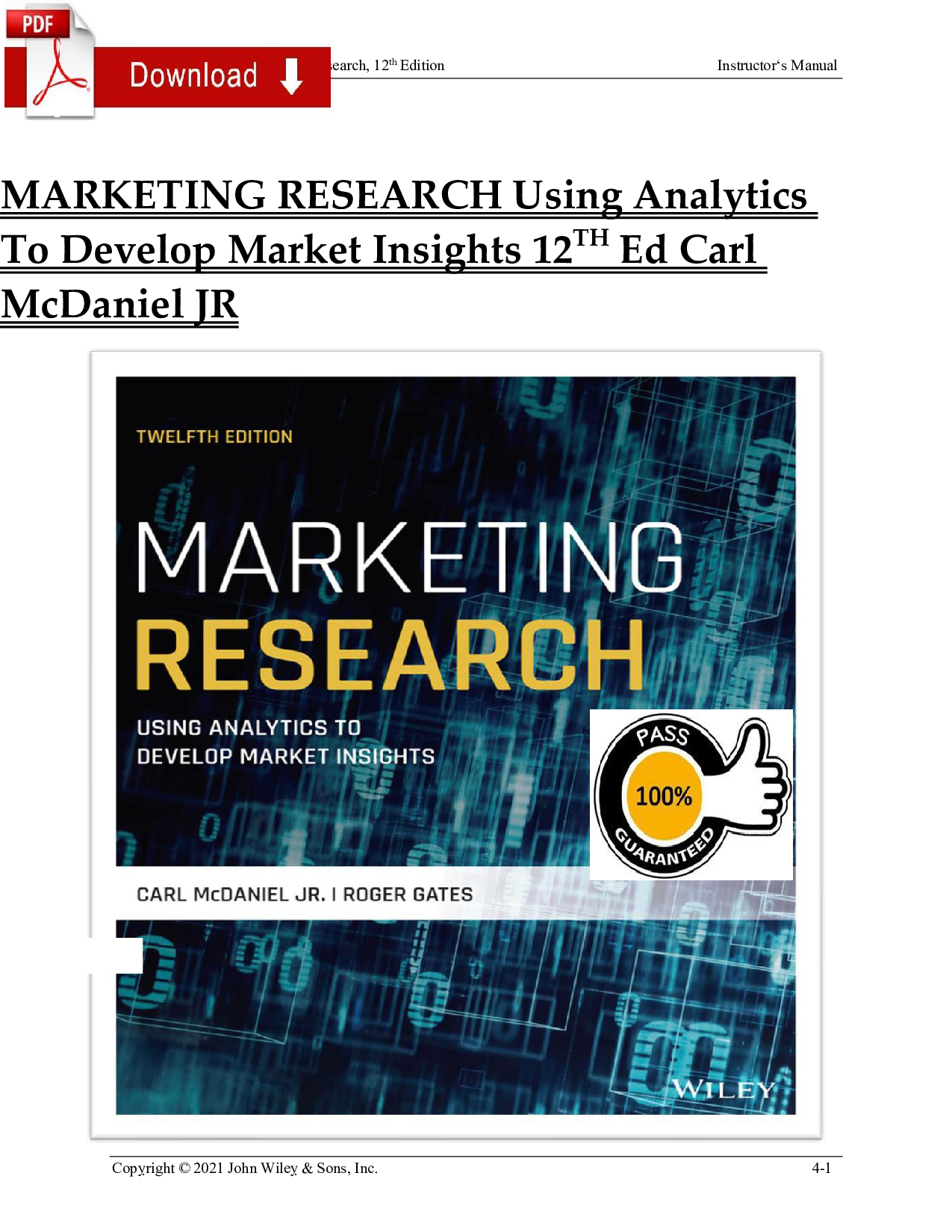 Marketing Research: Using Analytics to Develop Market Insights, 12th Edition Instructor's Manual