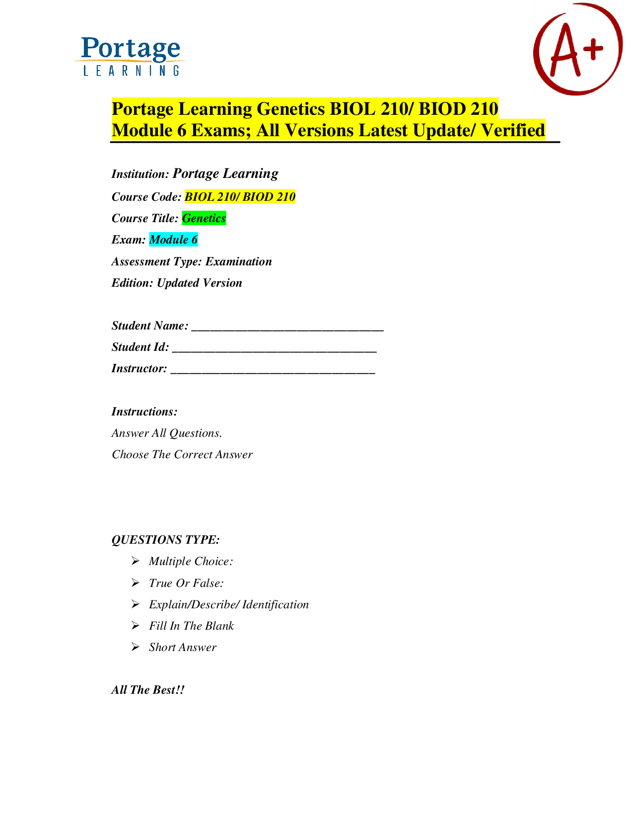 Portage Learning Genetics BIOL 210 Module 6 Exam Practice Questions