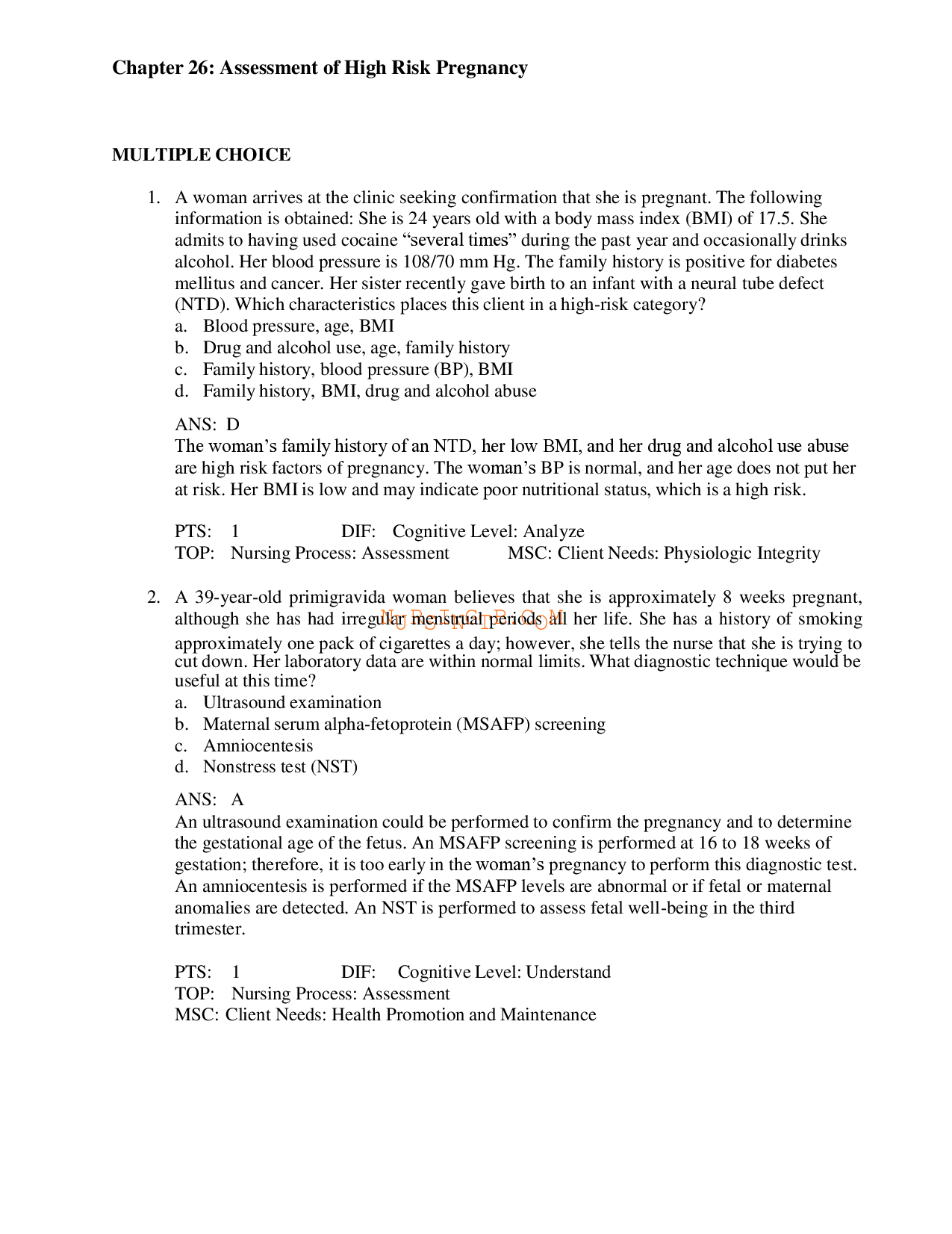 Assessment of High Risk Pregnancy Chapter 26 Test Bank