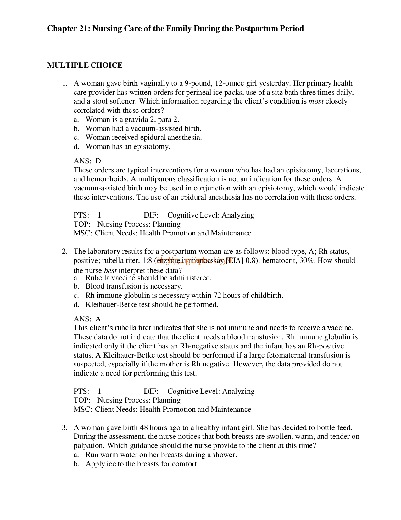 Nursing Care of the Family During the Postpartum Period Test Bank