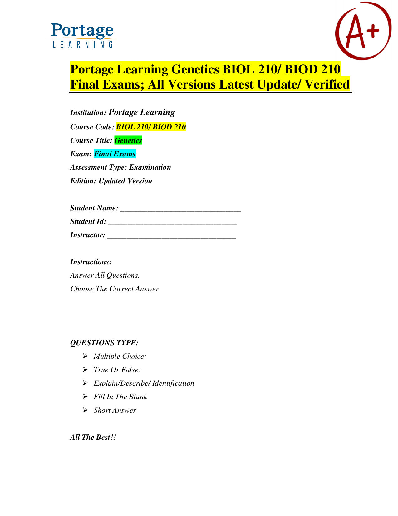 Portage Learning Genetics BIOL 210 Final Exam Practice Material