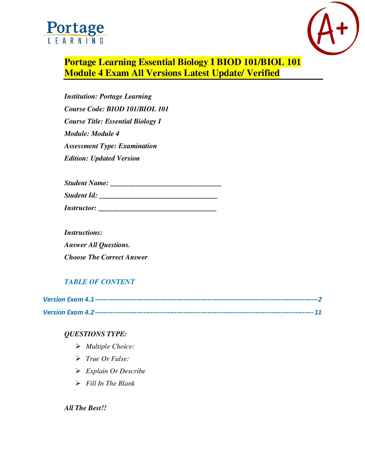 Portage Learning Essential Biology I (BIOD 101) Module 4 Exam