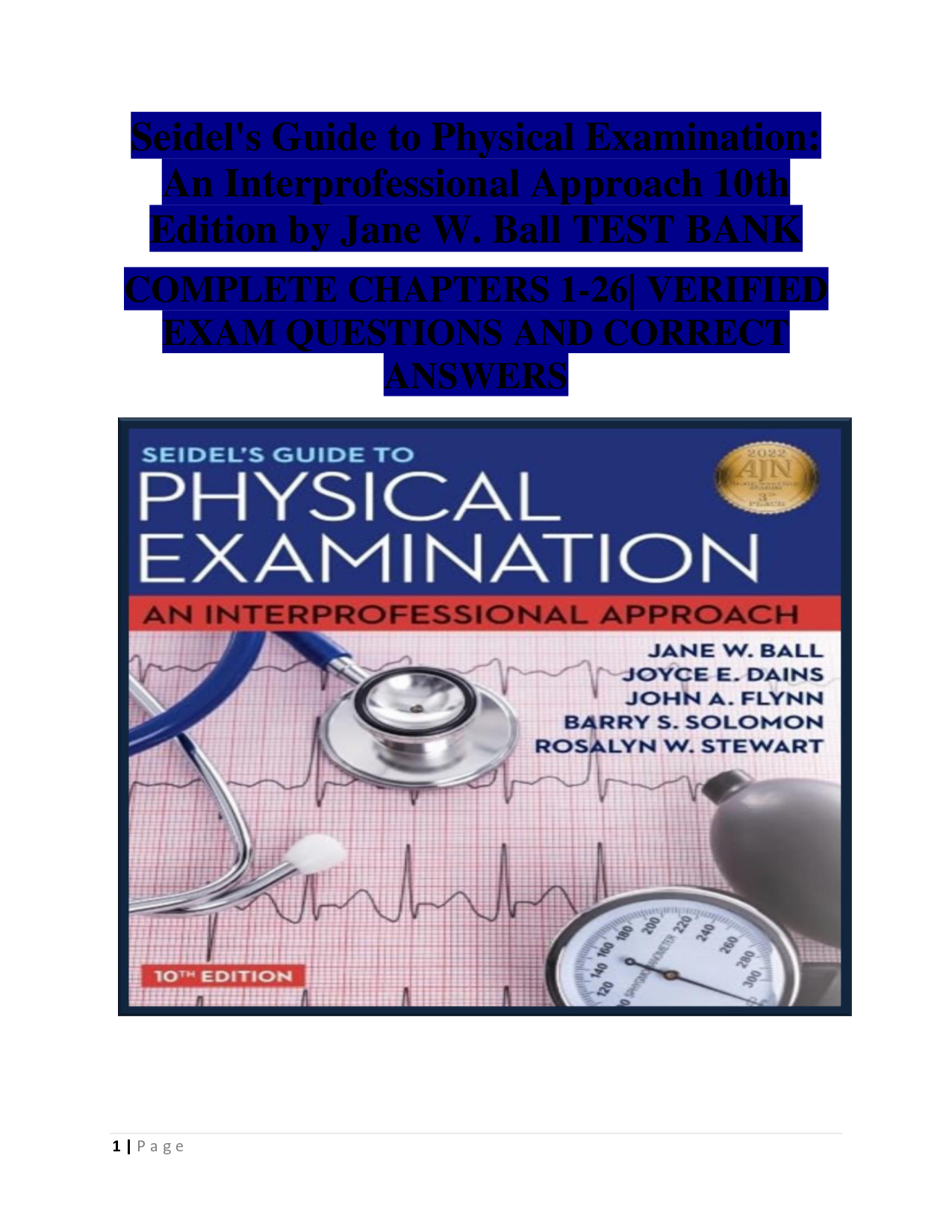 Seidel's Guide to Physical Examination, 10th Edition Test Bank