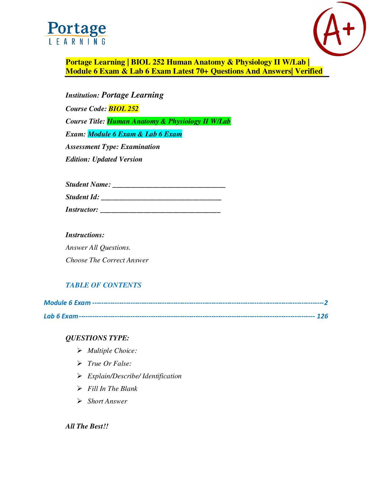 Portage Learning BIOL 252 Human Anatomy & Physiology II Module 6 Exam & Lab 6 Exam