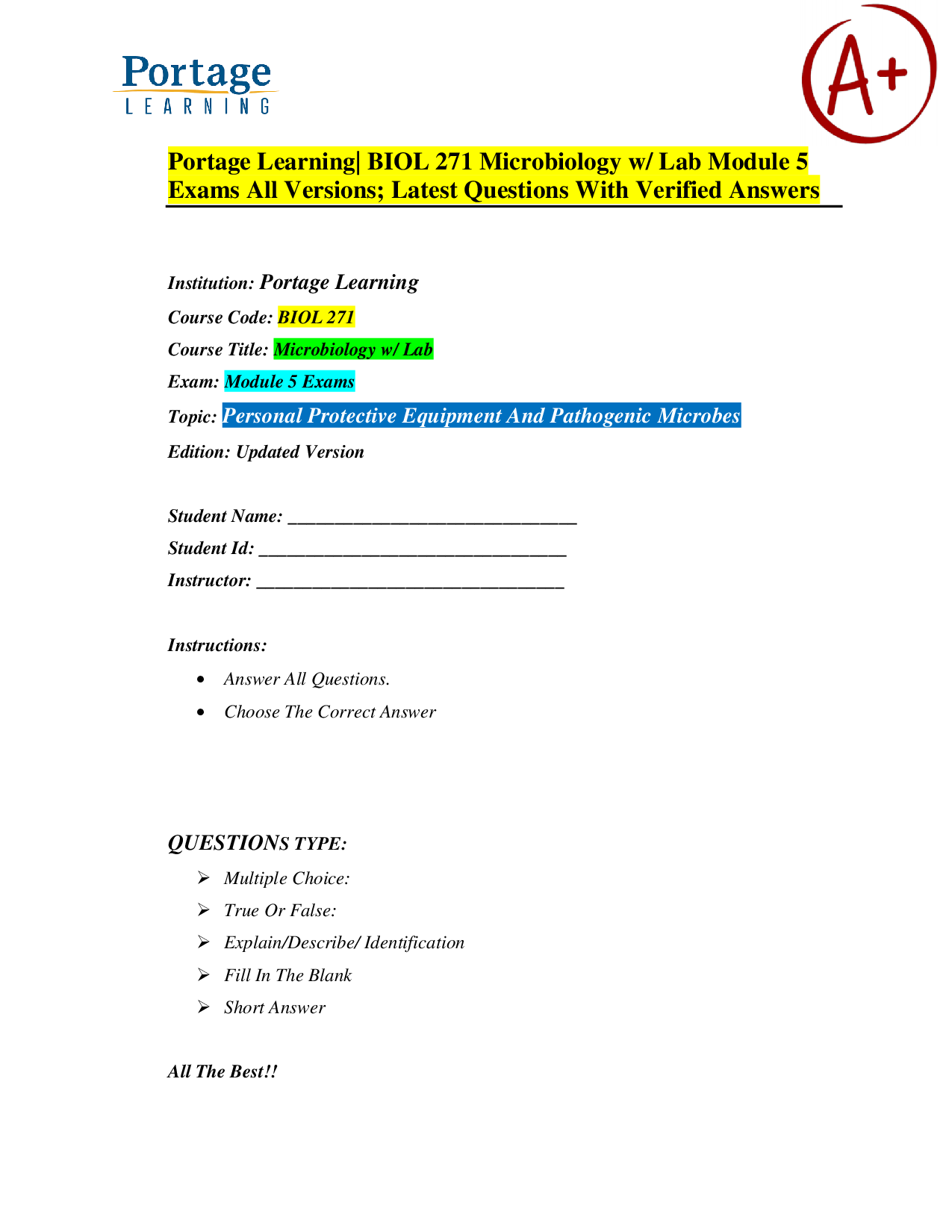 Portage Learning BIOL 271 Microbiology Module 5 Exam Questions and Answers