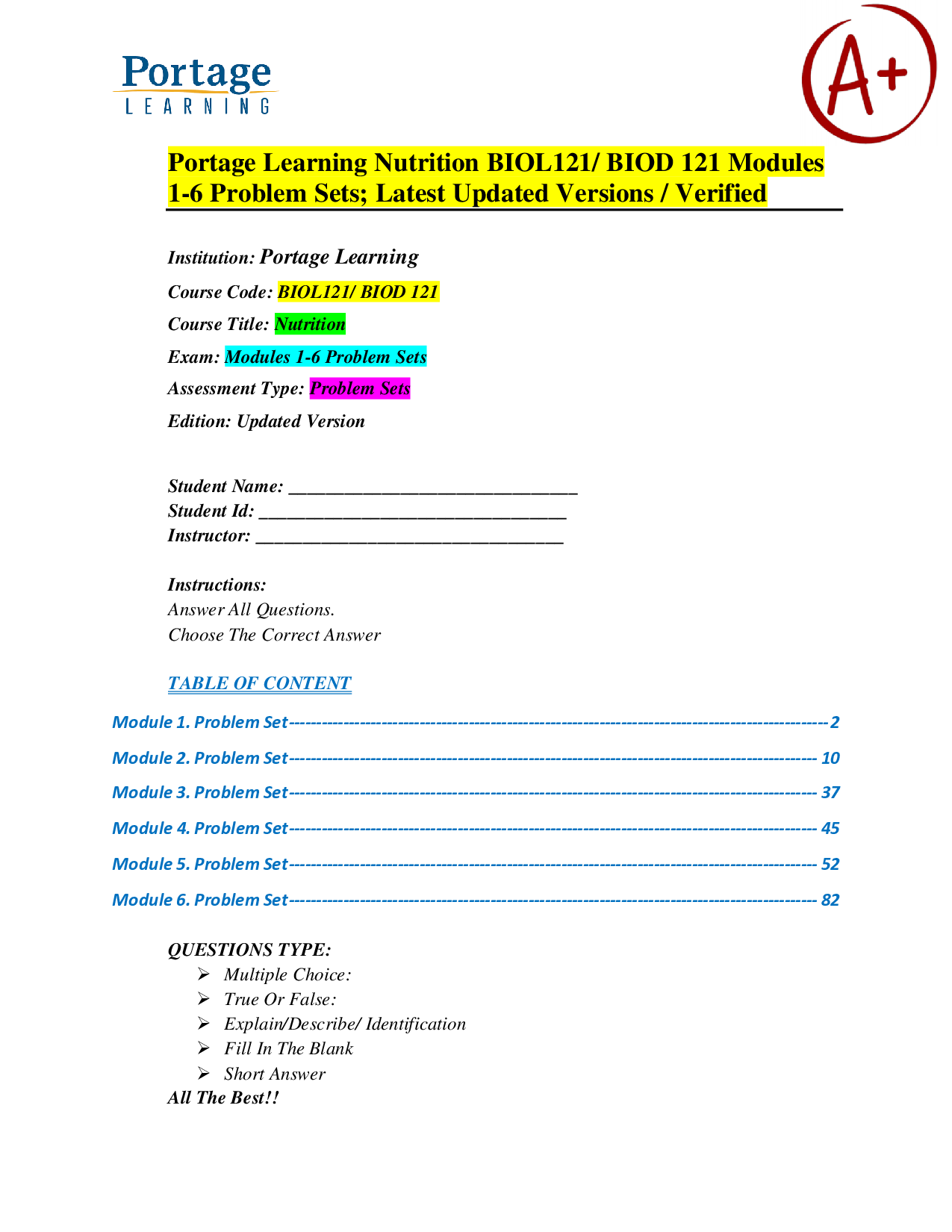 Portage Learning Nutrition BIOL121/BIOD 121 Problem Sets, Modules 1-6