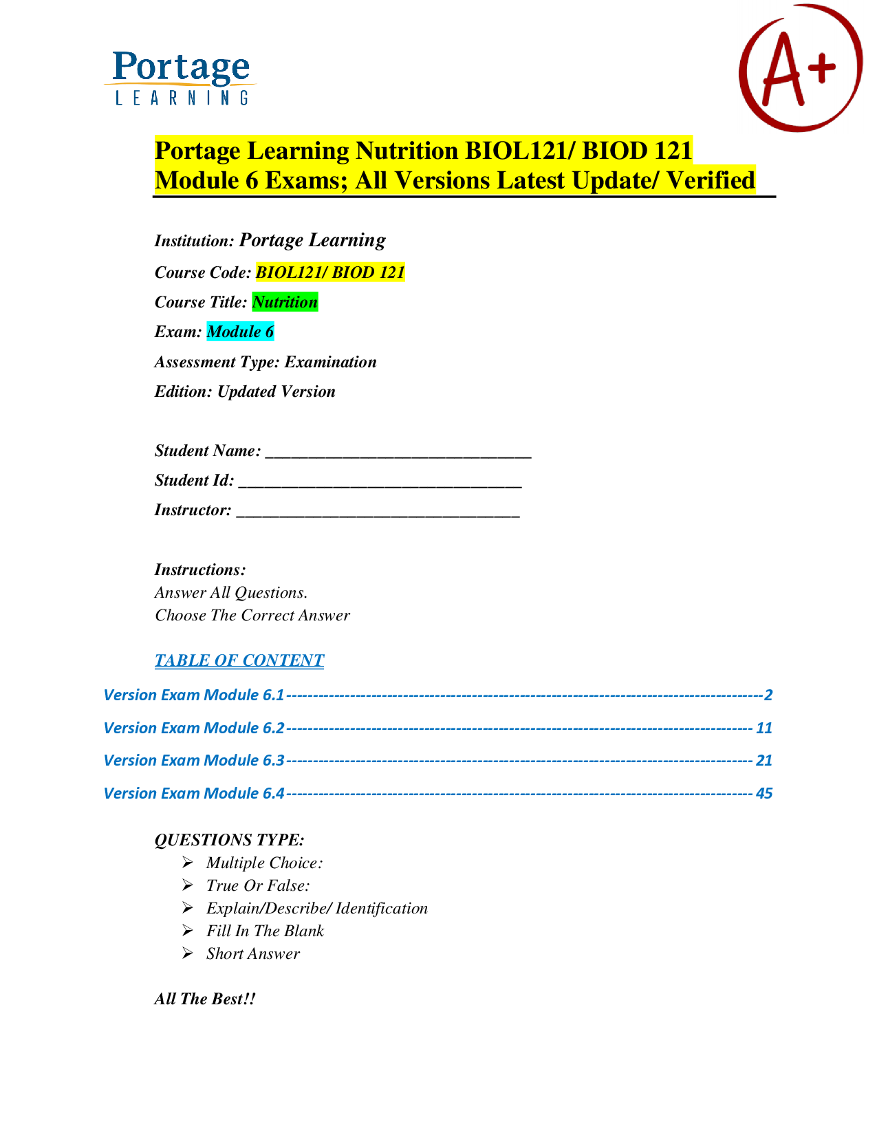 Portage Learning Nutrition BIOL121 Module 6 Exam Bank