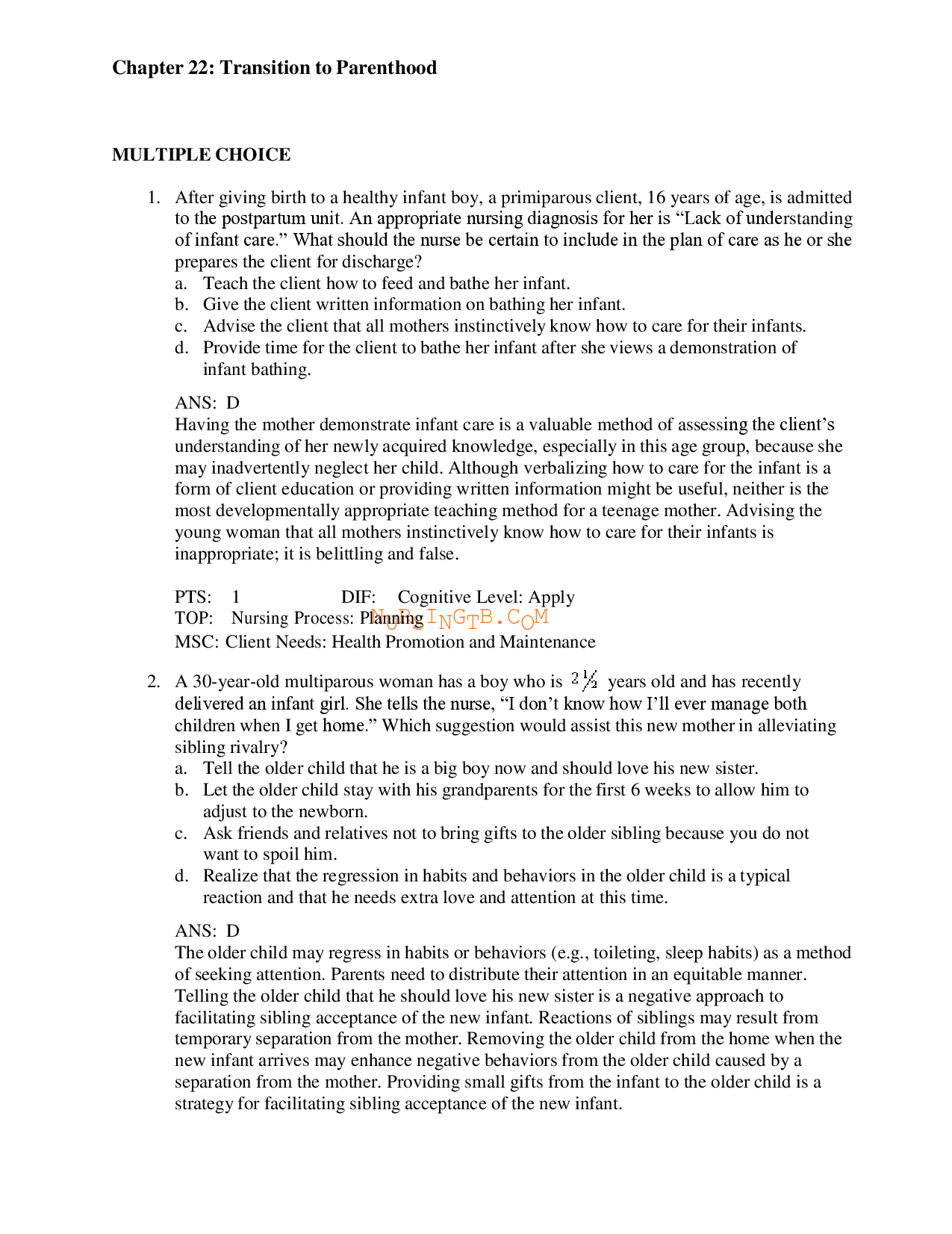 Transition to Parenthood, Chapter 22 Test Bank