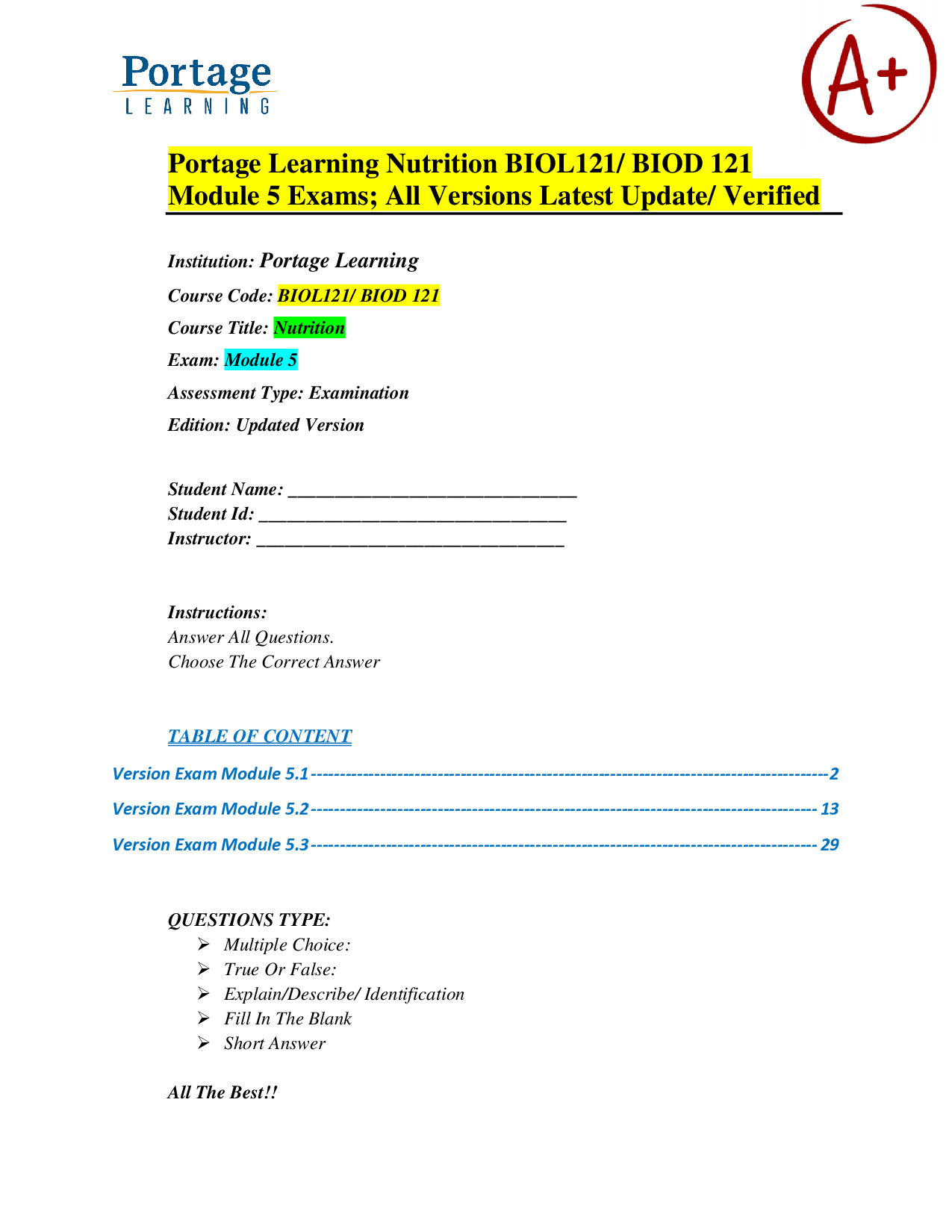 Portage Learning Nutrition BIOL121 Module 5 Exam Practice Questions