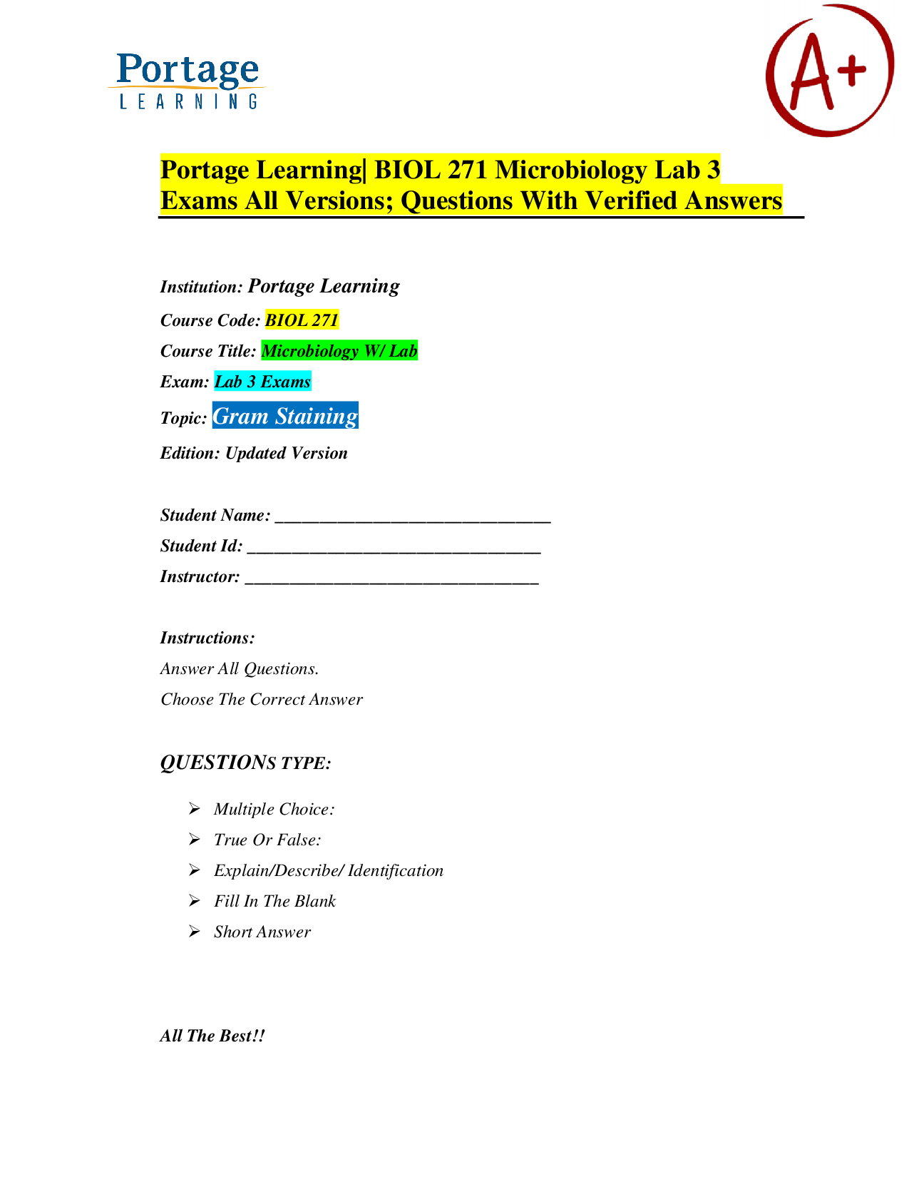 Portage Learning BIOL 271 Microbiology Lab 3 Exam: Gram Staining