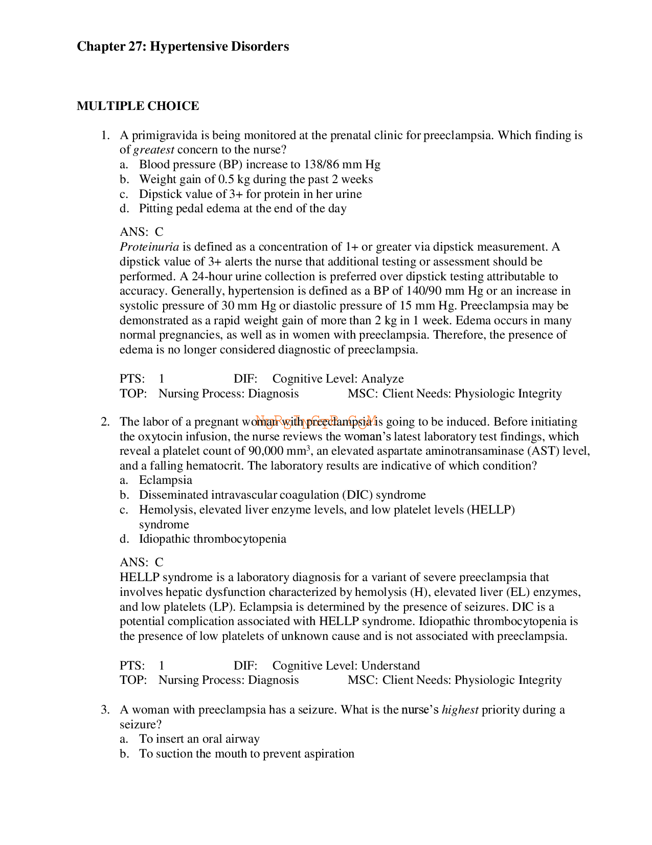 Maternity Nursing: Hypertensive Disorders Test Bank