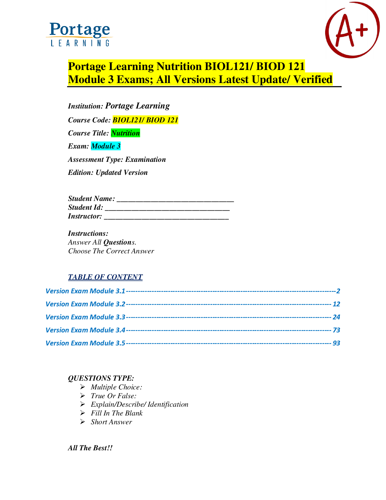 Portage Learning Nutrition BIOL121 Module 3 Exam Bank