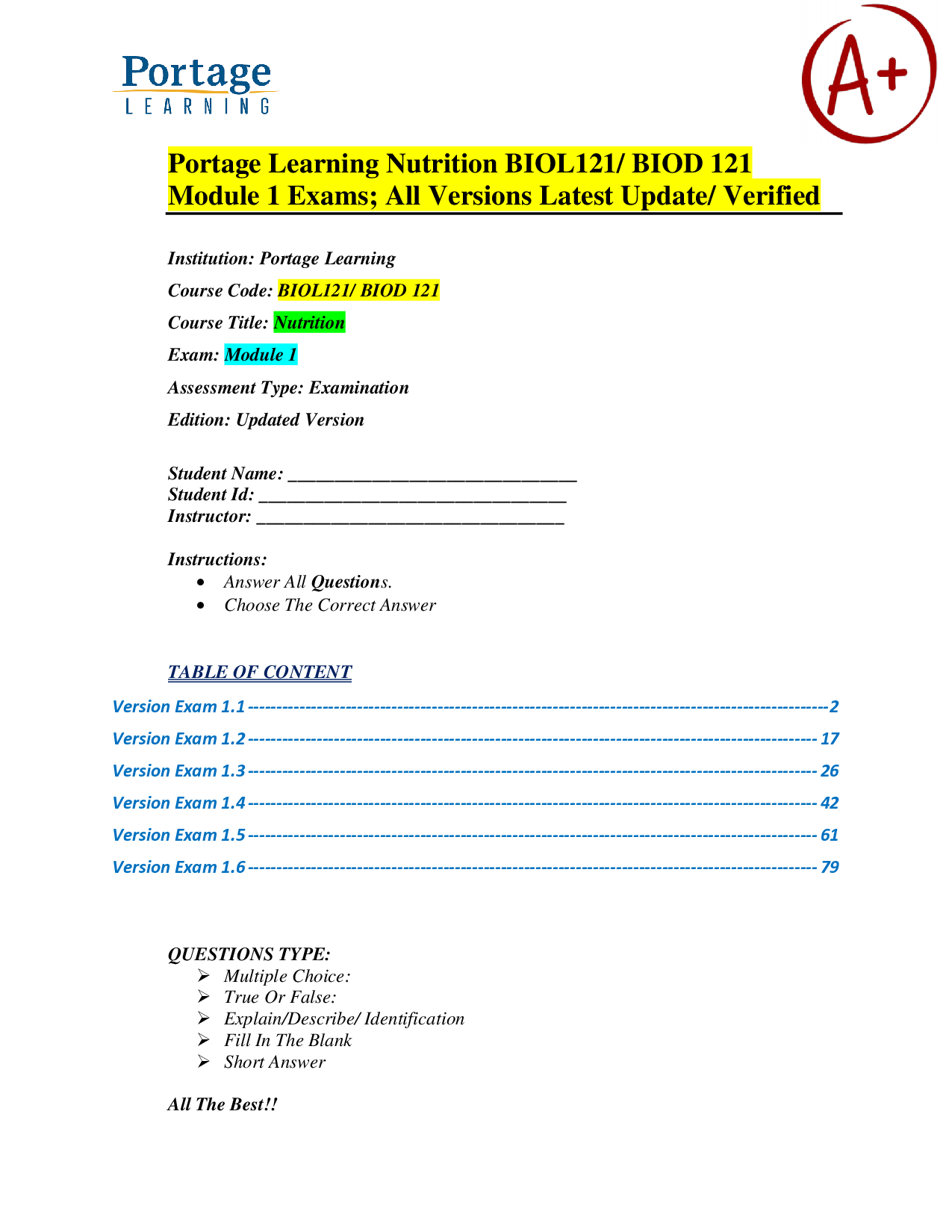 Portage Learning Nutrition BIOL121 Module 1 Exam Bank