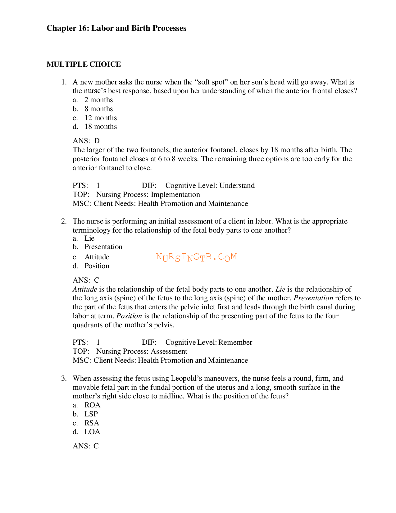 Labor and Birth Processes Chapter 16 Test Bank
