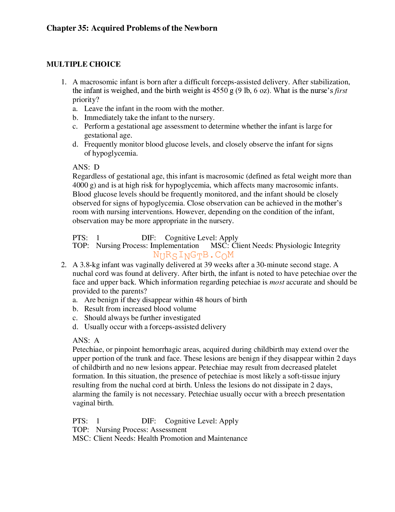 Maternal-Newborn Nursing: Acquired Problems of the Newborn Test Bank
