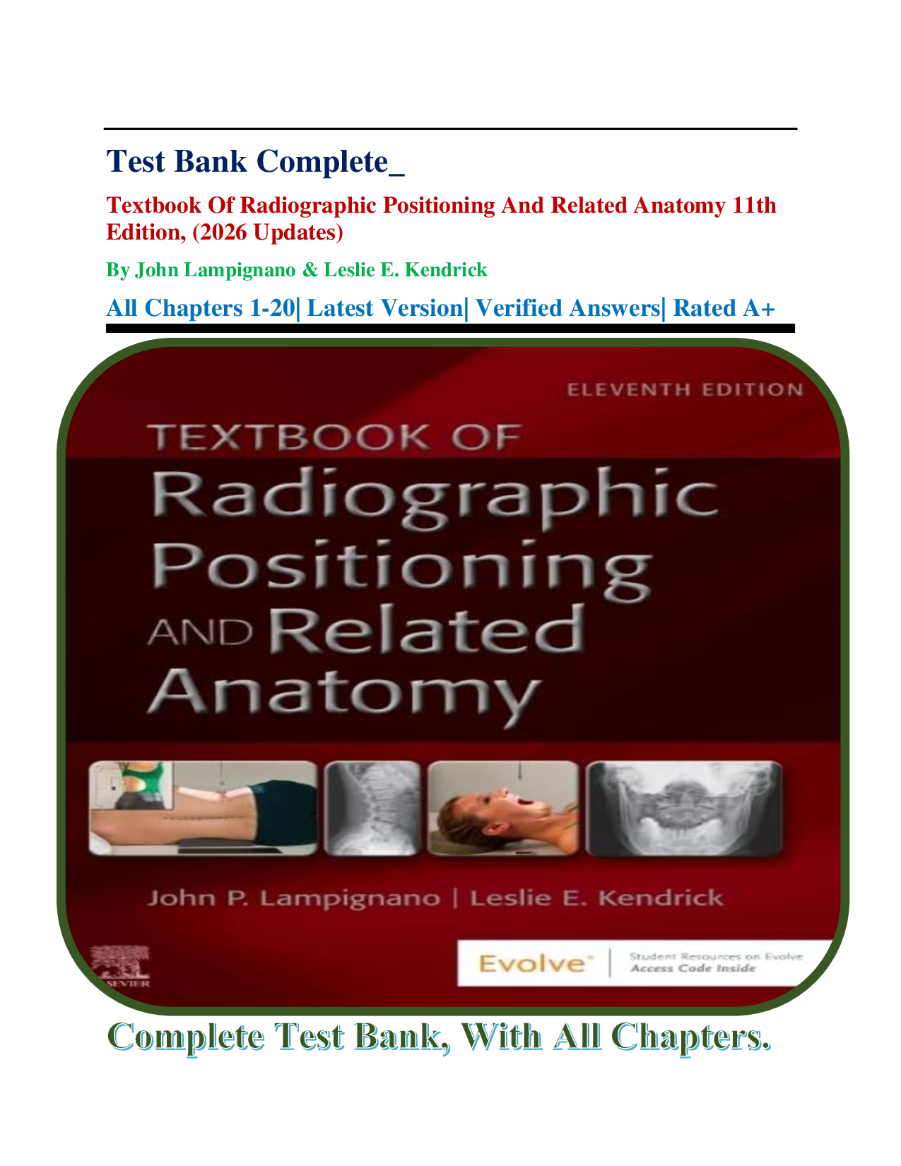 Textbook of Radiographic Positioning and Related Anatomy, 11th Edition Test Bank