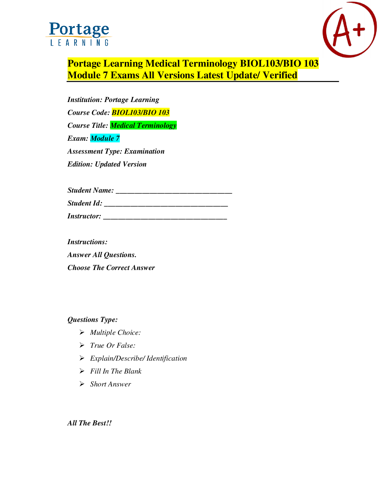 Portage Learning BIOL103 Medical Terminology Module 7 Exam