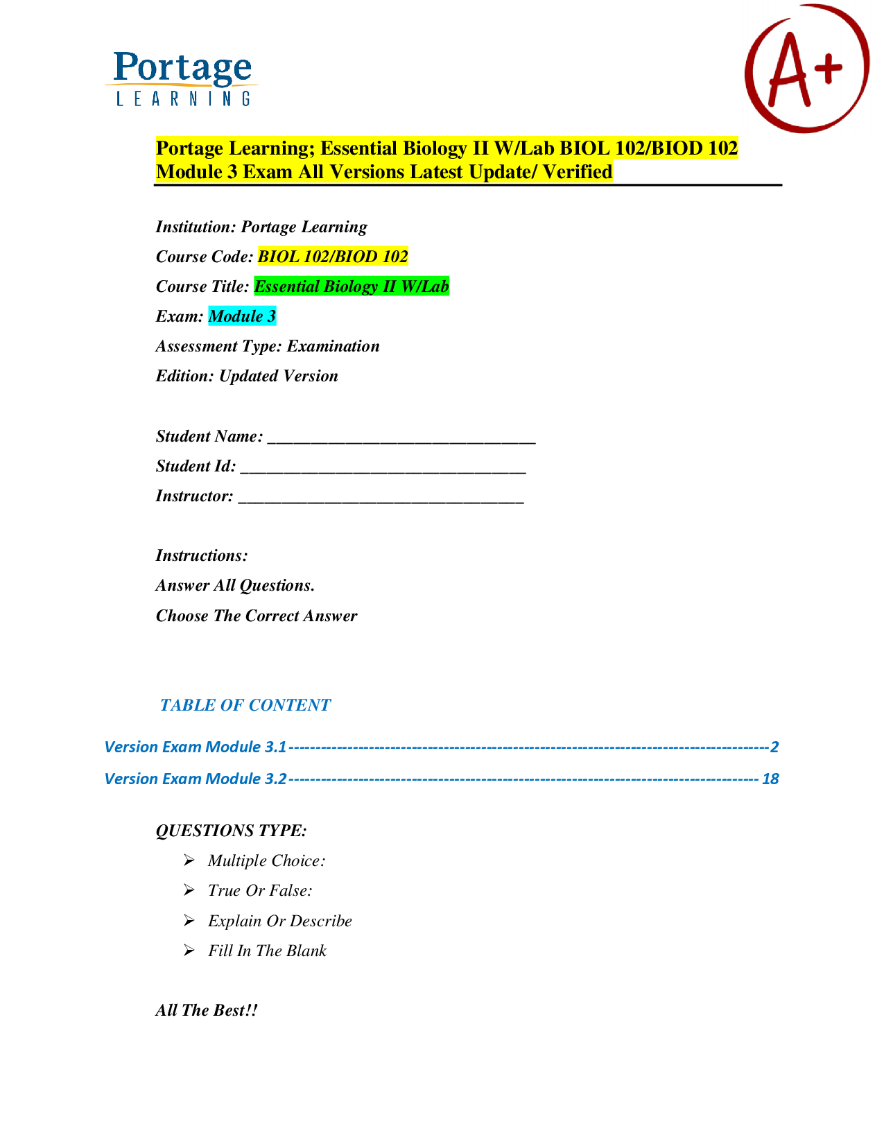 Portage Learning Essential Biology II (BIOL 102) Module 3 Exam