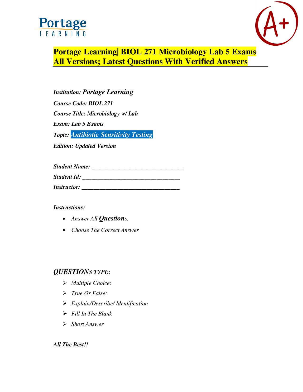 Portage Learning BIOL 271 Microbiology Lab 5: Antibiotic Sensitivity Testing Exam