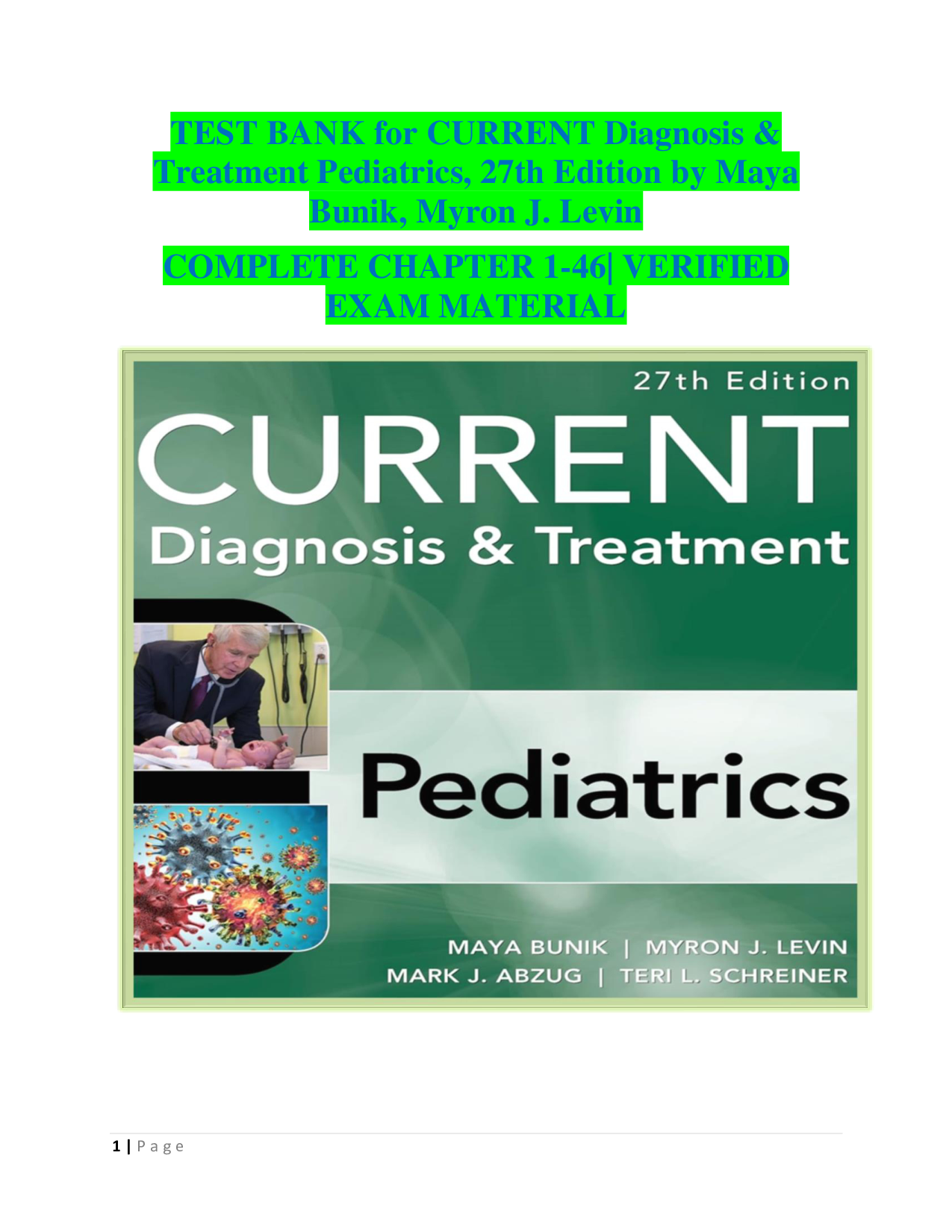 CURRENT Diagnosis & Treatment Pediatrics, 27th Edition Test Bank