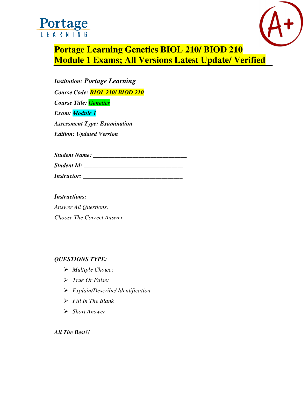 Portage Learning Genetics BIOL 210 Module 1 Exam