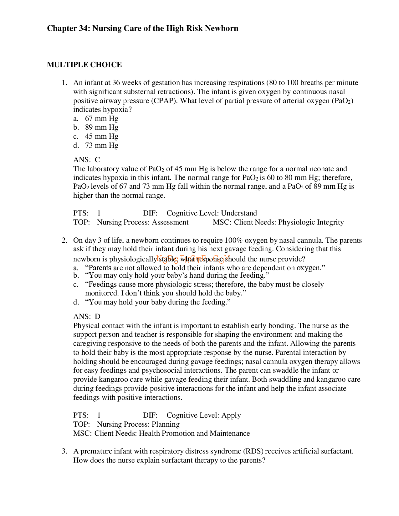 Nursing Care of the High Risk Newborn, Chapter 34 Test Bank