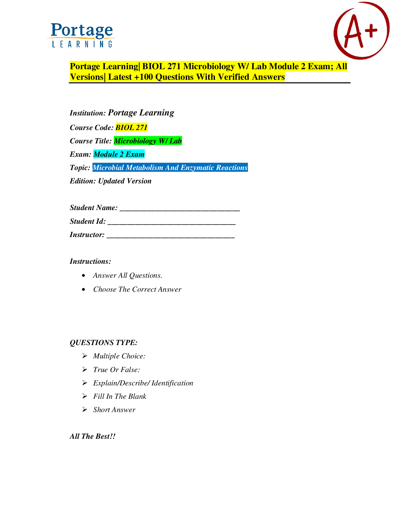 Portage Learning BIOL 271 Microbiology Module 2 Exam: Microbial Metabolism and Enzymatic Reactions