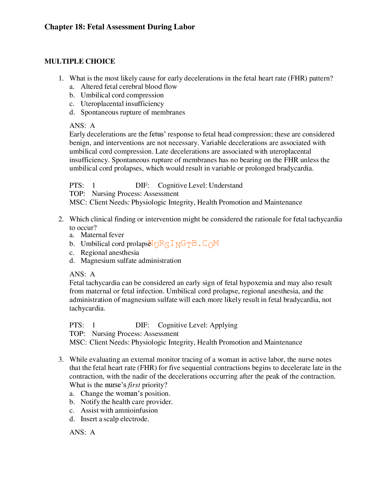 Fetal Assessment During Labor Chapter 18 Test Bank