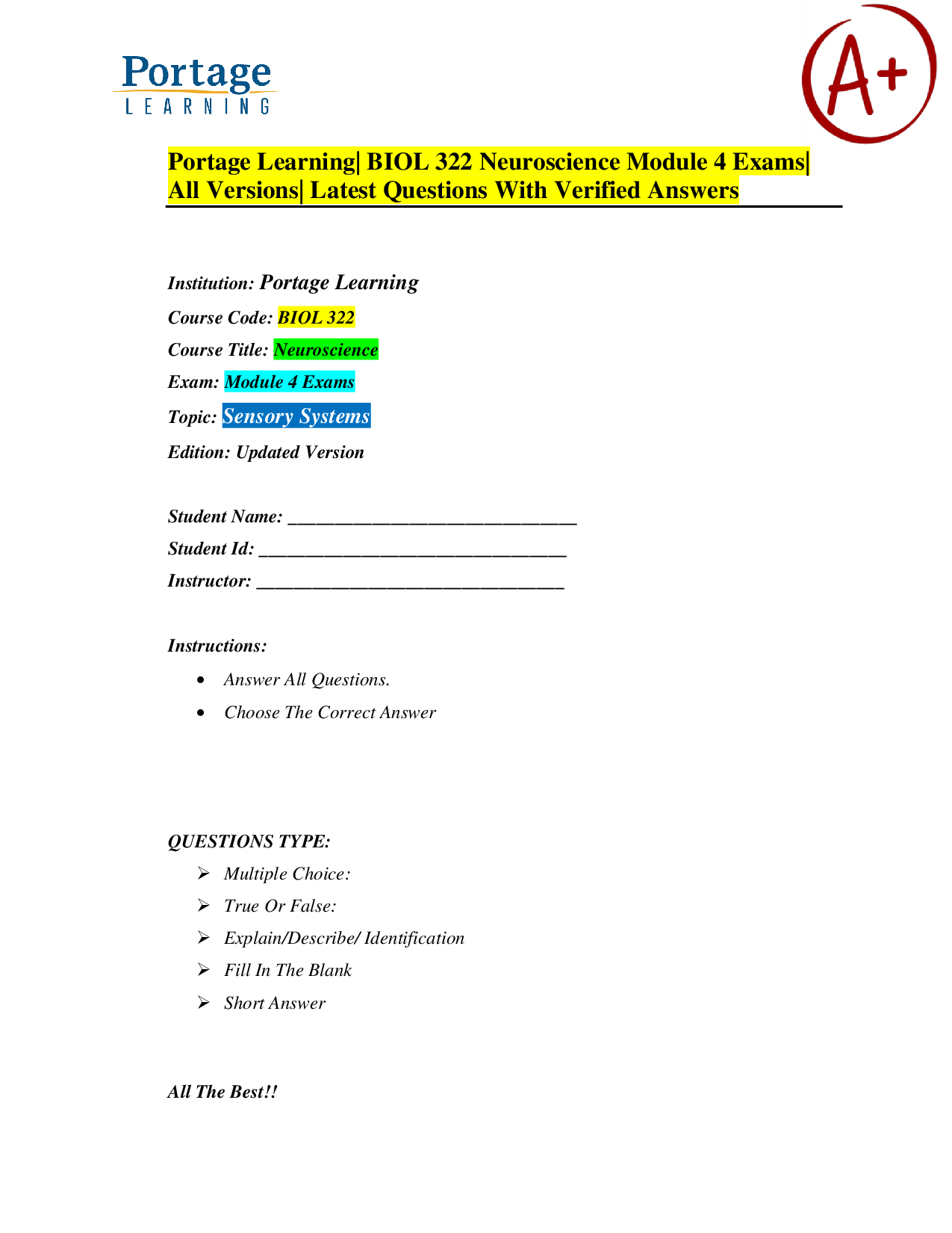 Portage Learning BIOL 322 Neuroscience Module 4 Exam: Sensory Systems