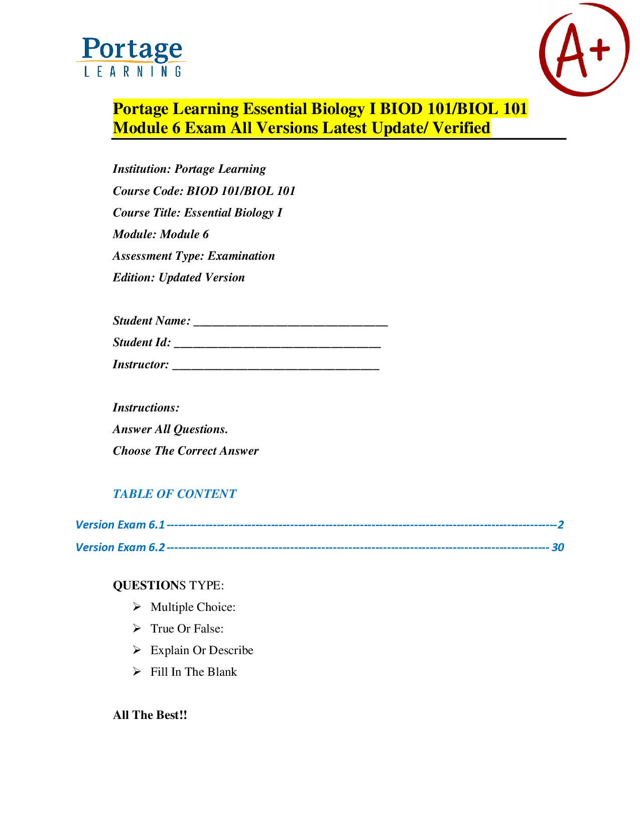 Portage Learning Essential Biology I (BIOD 101) Module 6 Exam