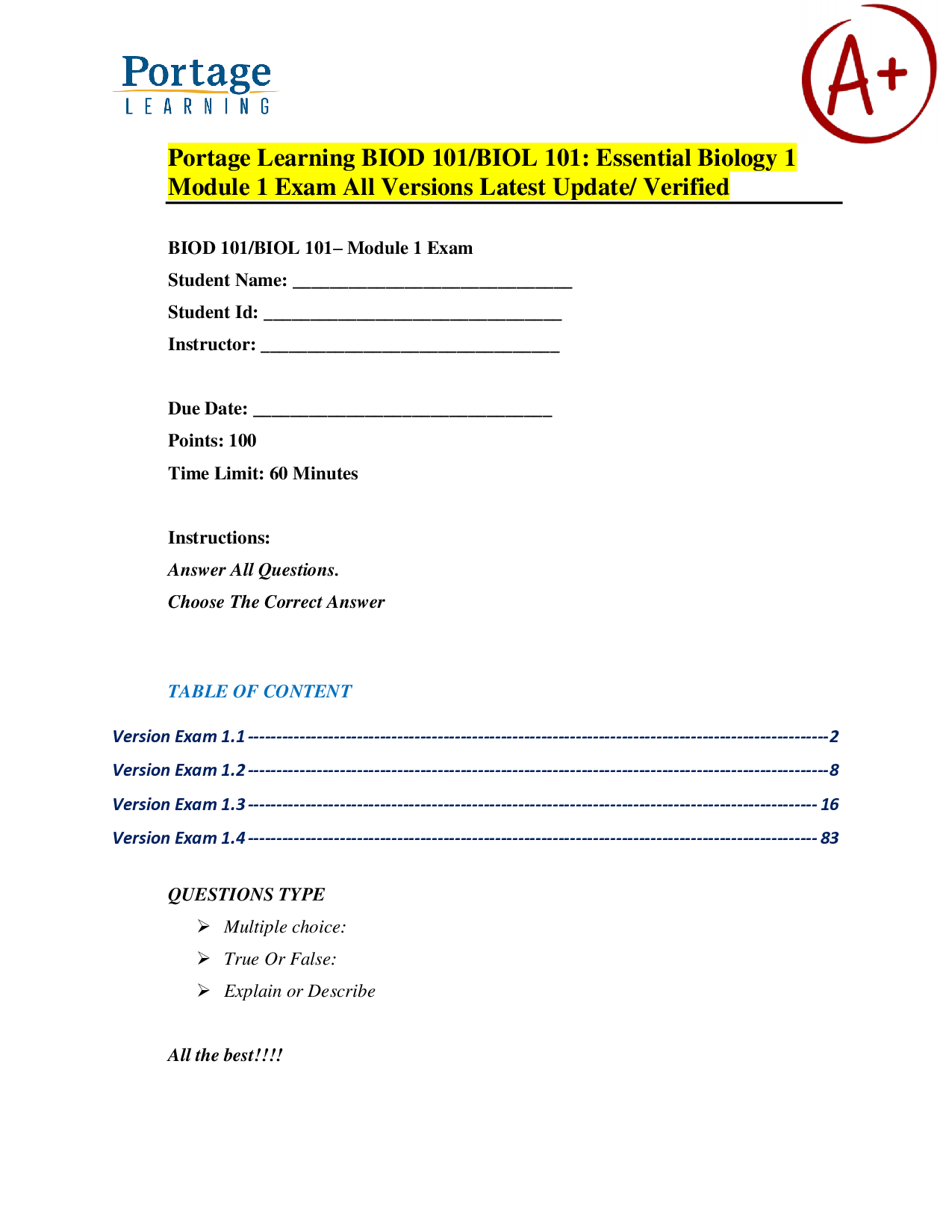 Portage Learning BIOD 101: Essential Biology 1 Module 1 Exam