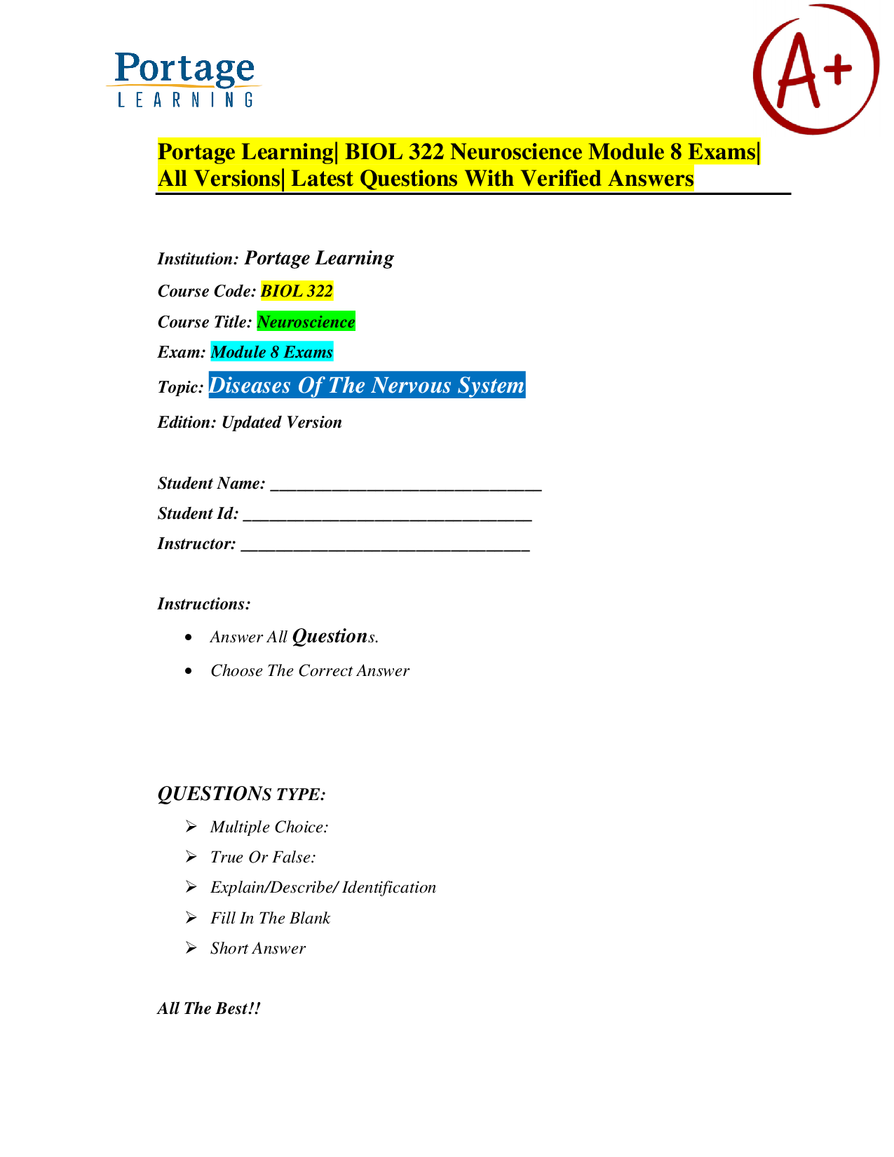 Portage Learning BIOL 322 Neuroscience Module 8 Exam Study Guide