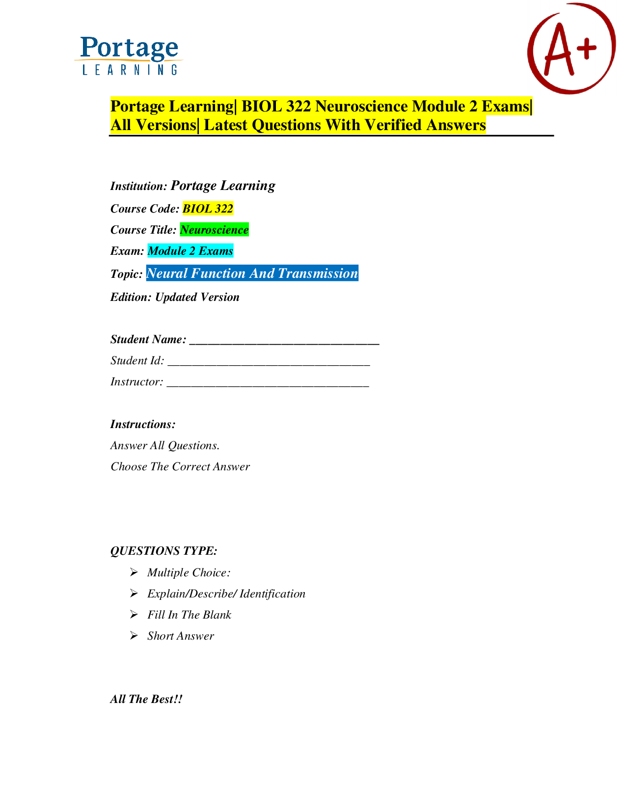 Portage Learning BIOL 322 Neuroscience Module 2 Exam Questions