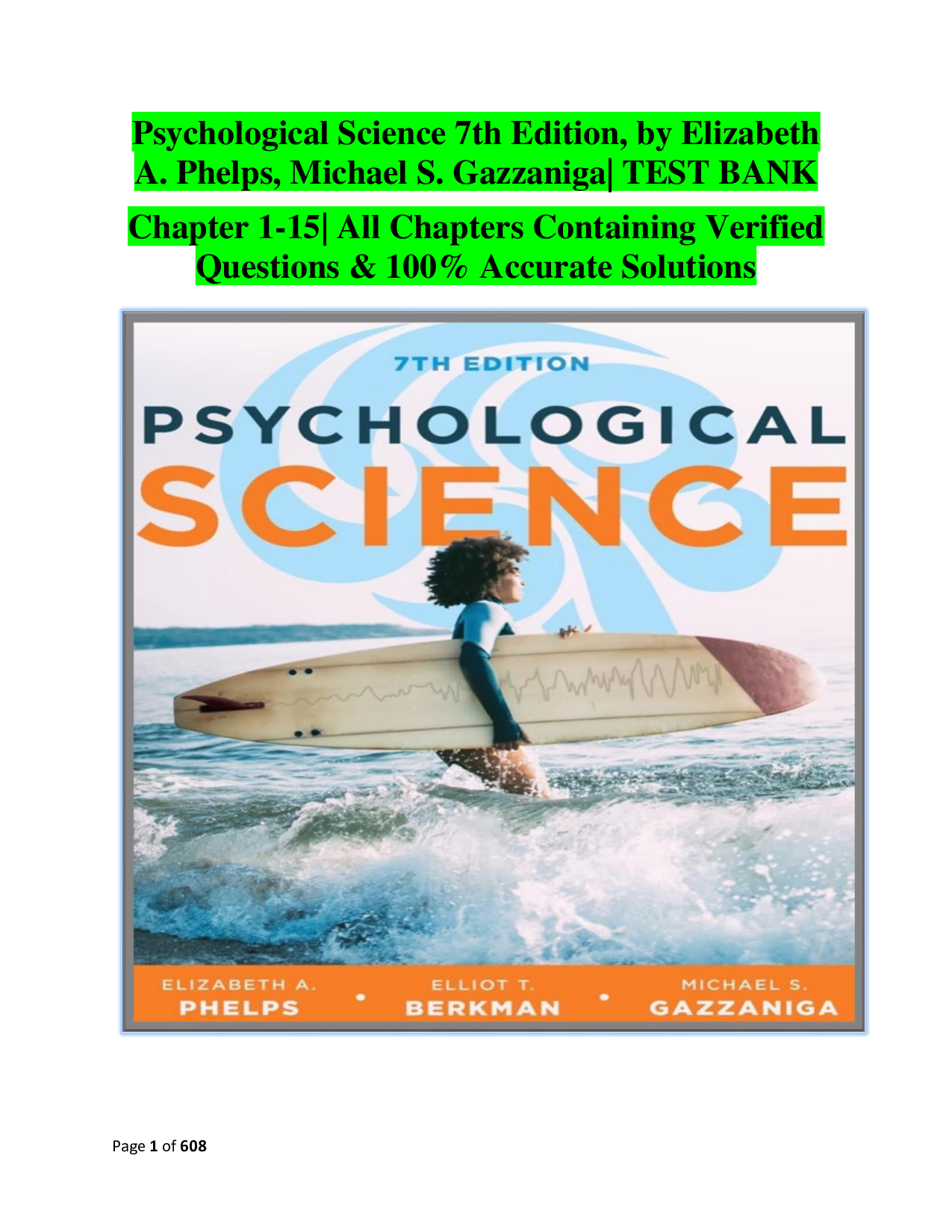 Test Bank: Psychological Science 7th Edition | Phelps, Gazzaniga